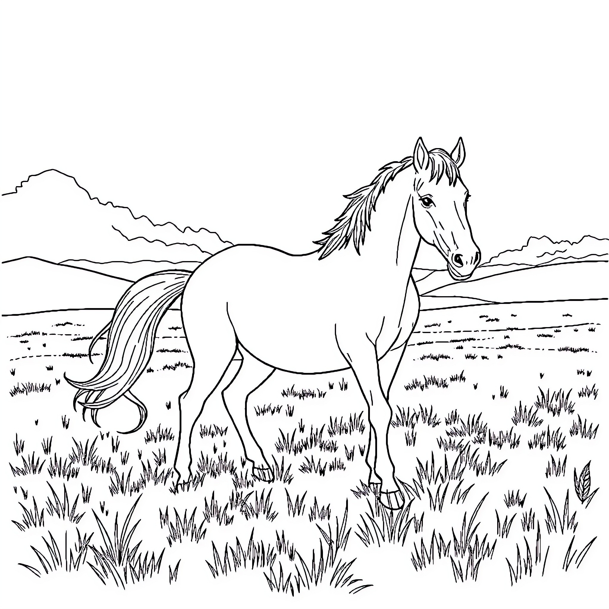 Horse grazing peacefully in a scenic landscape Coloring Page (free black-and-white line drawing printable PDF for all, from beginners to advanced learners, including children, teens, adults, and seniors)