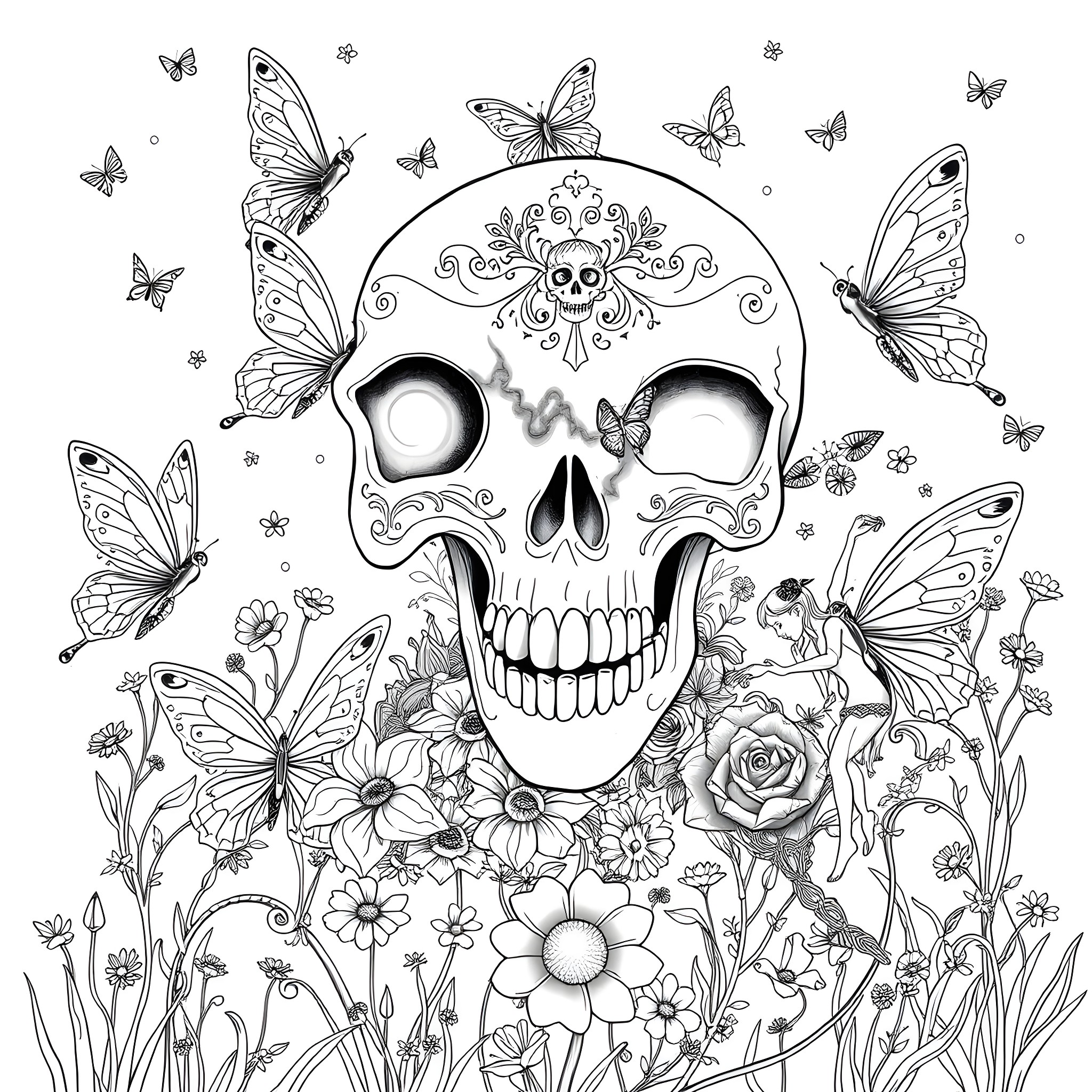 Skull surrounded by floral and butterfly motifs Coloring Page (free black-and-white line drawing printable PDF for all, from beginners to advanced learners, including children, teens, adults, and seniors)