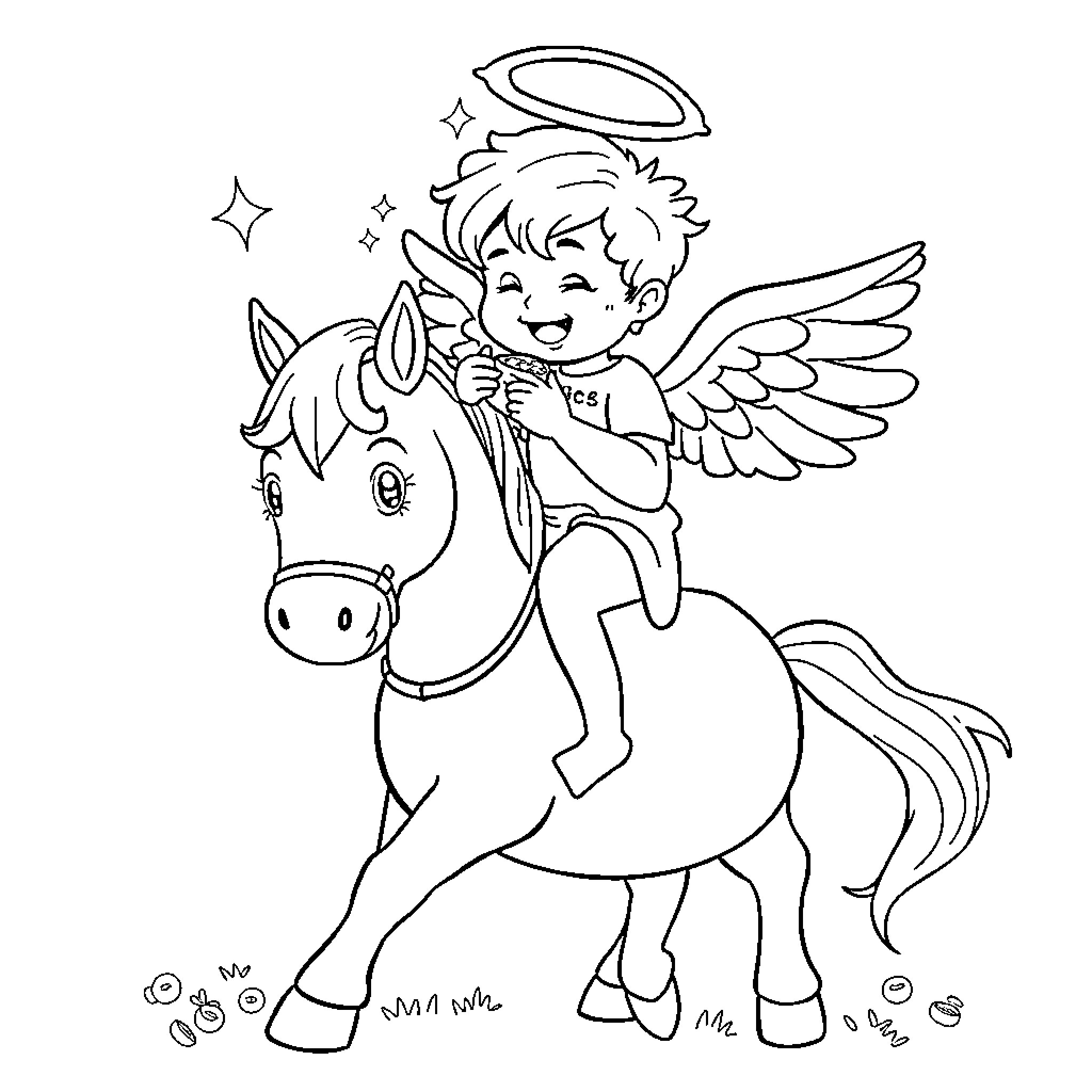 Angel riding a magical horse Coloring Page (free black-and-white line drawing printable PDF for all, from beginners to advanced learners, including children, teens, adults, and seniors)