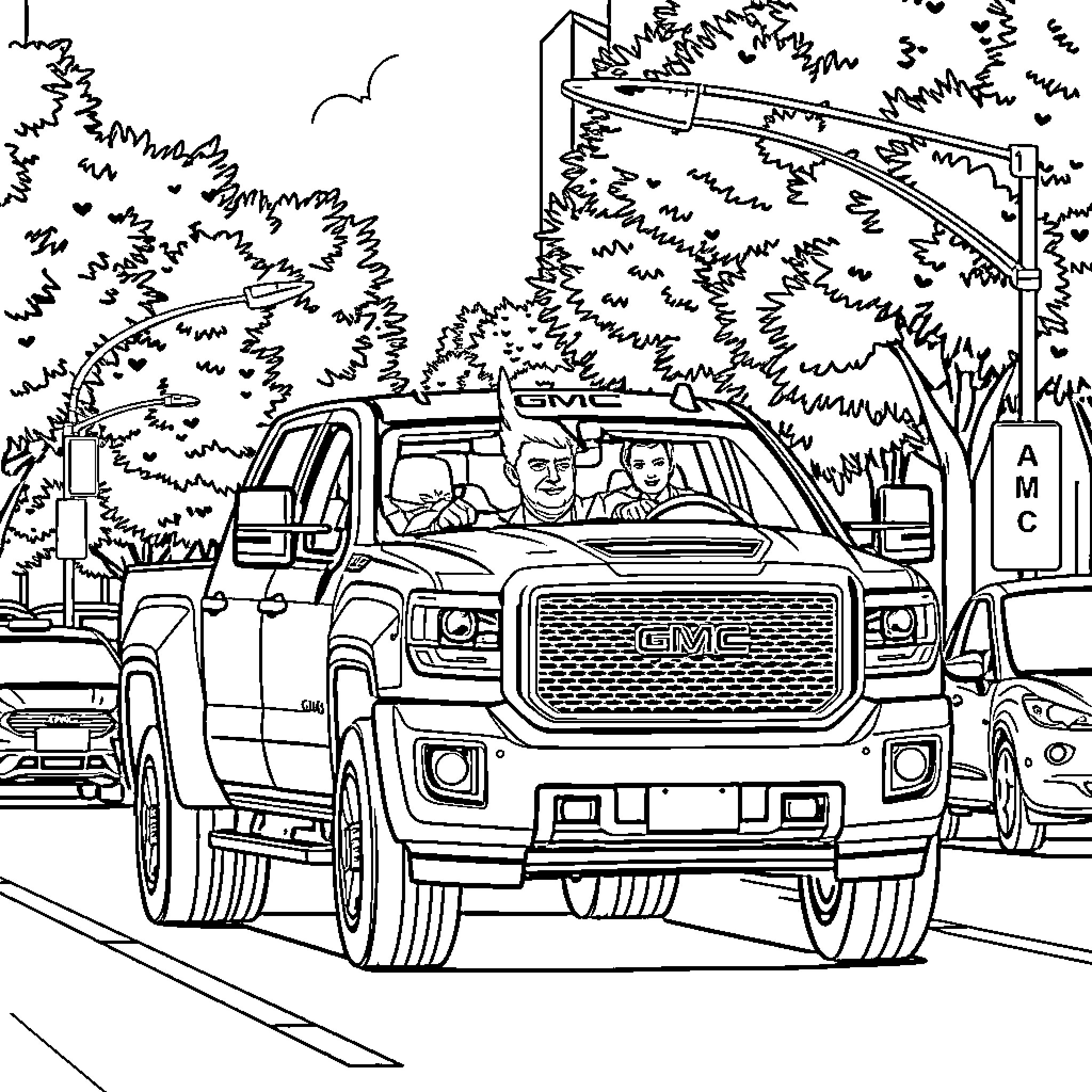 Donald Trump in a large truck on the street Coloring Page (free black-and-white line drawing printable PDF for all, from beginners to advanced learners, including children, teens, adults, and seniors)