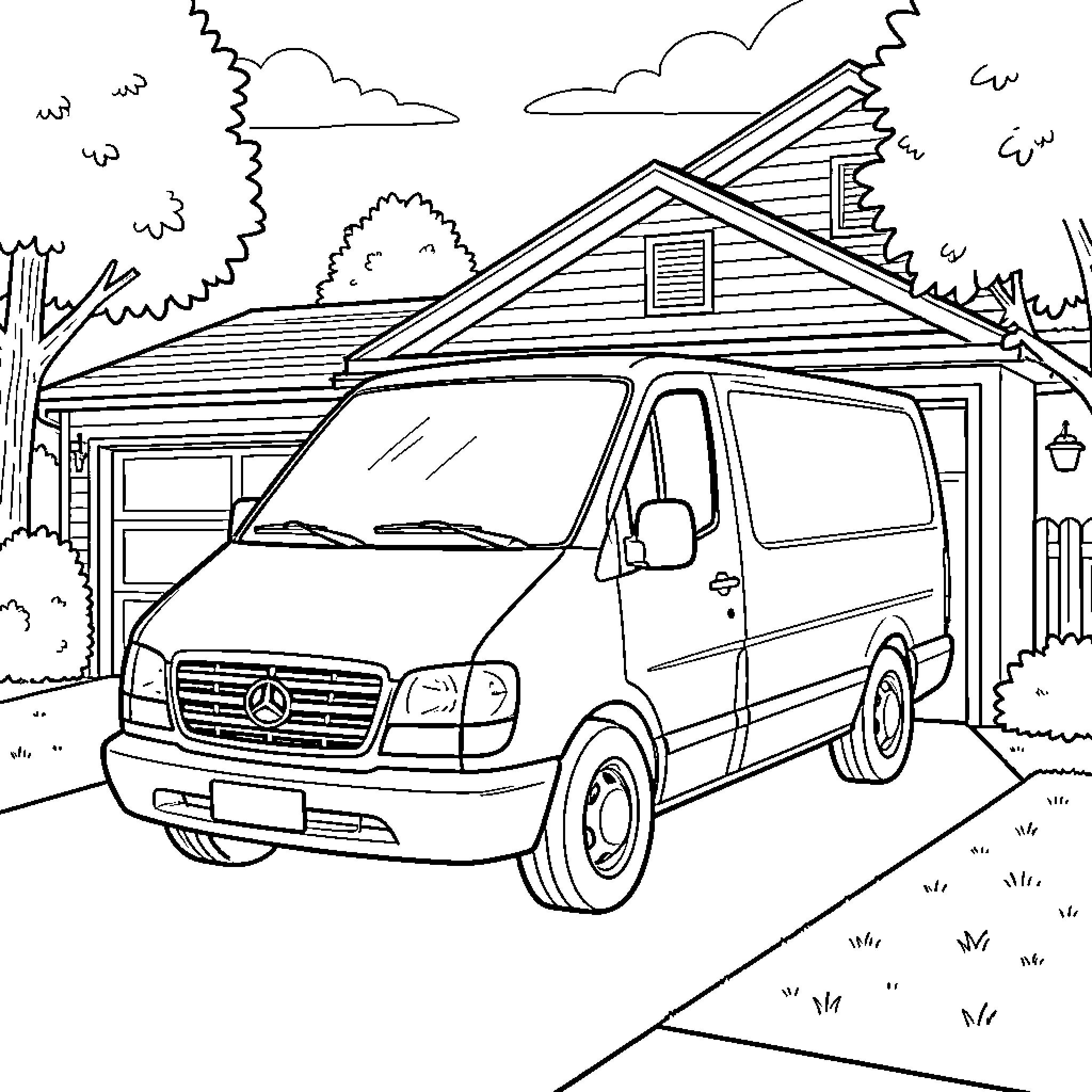 Van parked in front of a cozy home Coloring Page (free black-and-white line drawing printable PDF for all, from beginners to advanced learners, including children, teens, adults, and seniors)