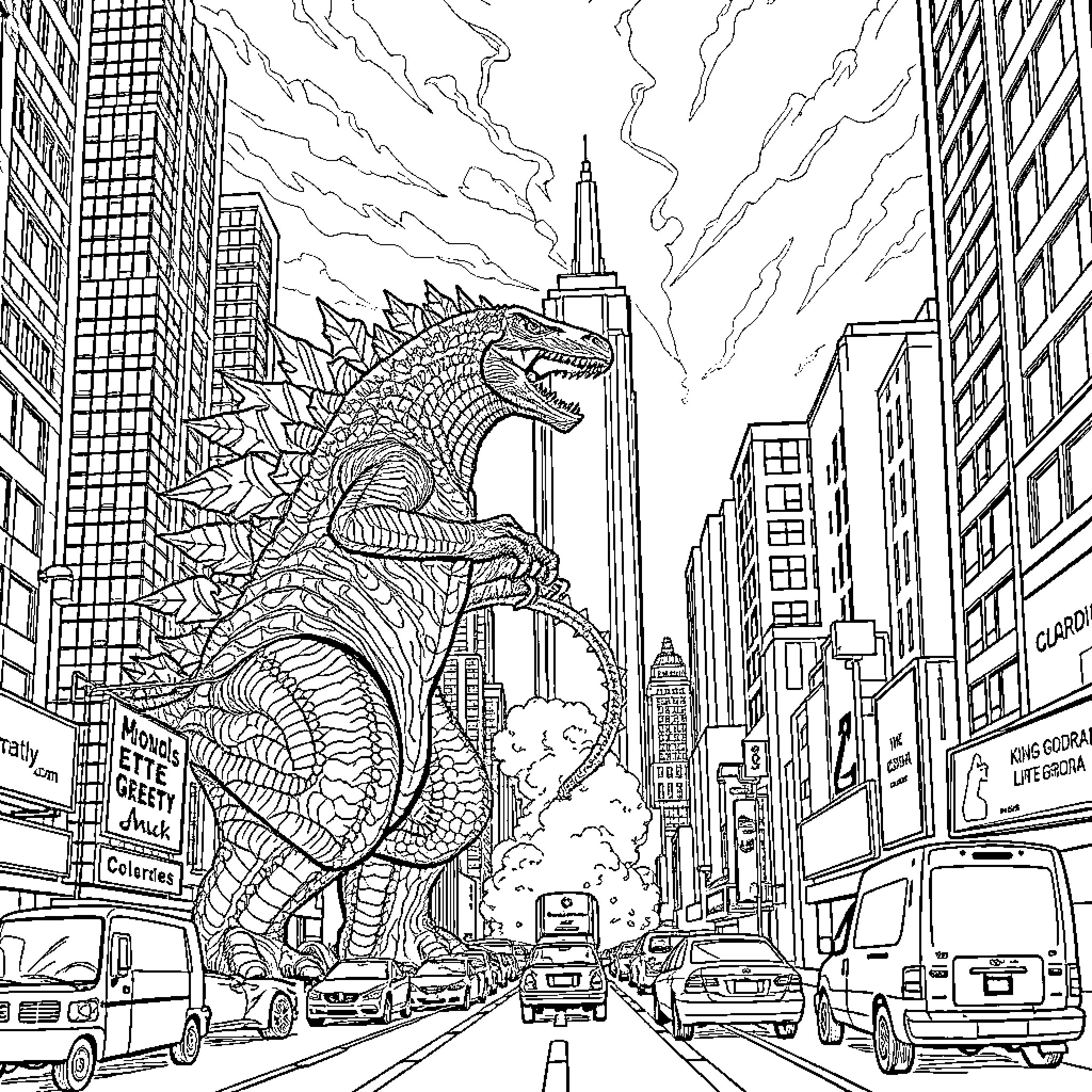 Godzilla Rampaging Through the City Coloring Page (free black-and-white line drawing printable PDF for all, from beginners to advanced learners, including children, teens, adults, and seniors)