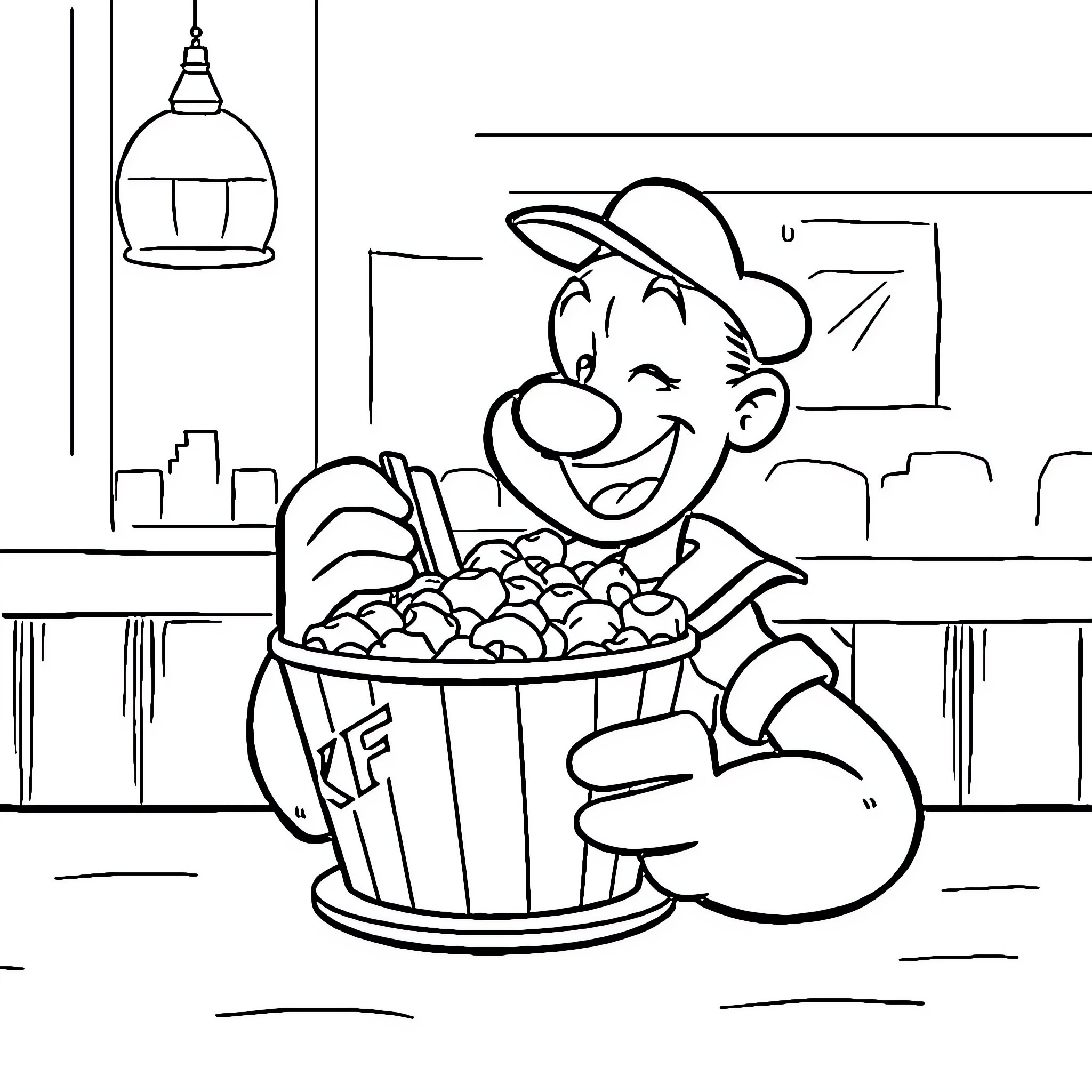 Popeye enjoying a hearty bowl of spinach Coloring Page (free black-and-white line drawing printable PDF for all, from beginners to advanced learners, including children, teens, adults, and seniors)