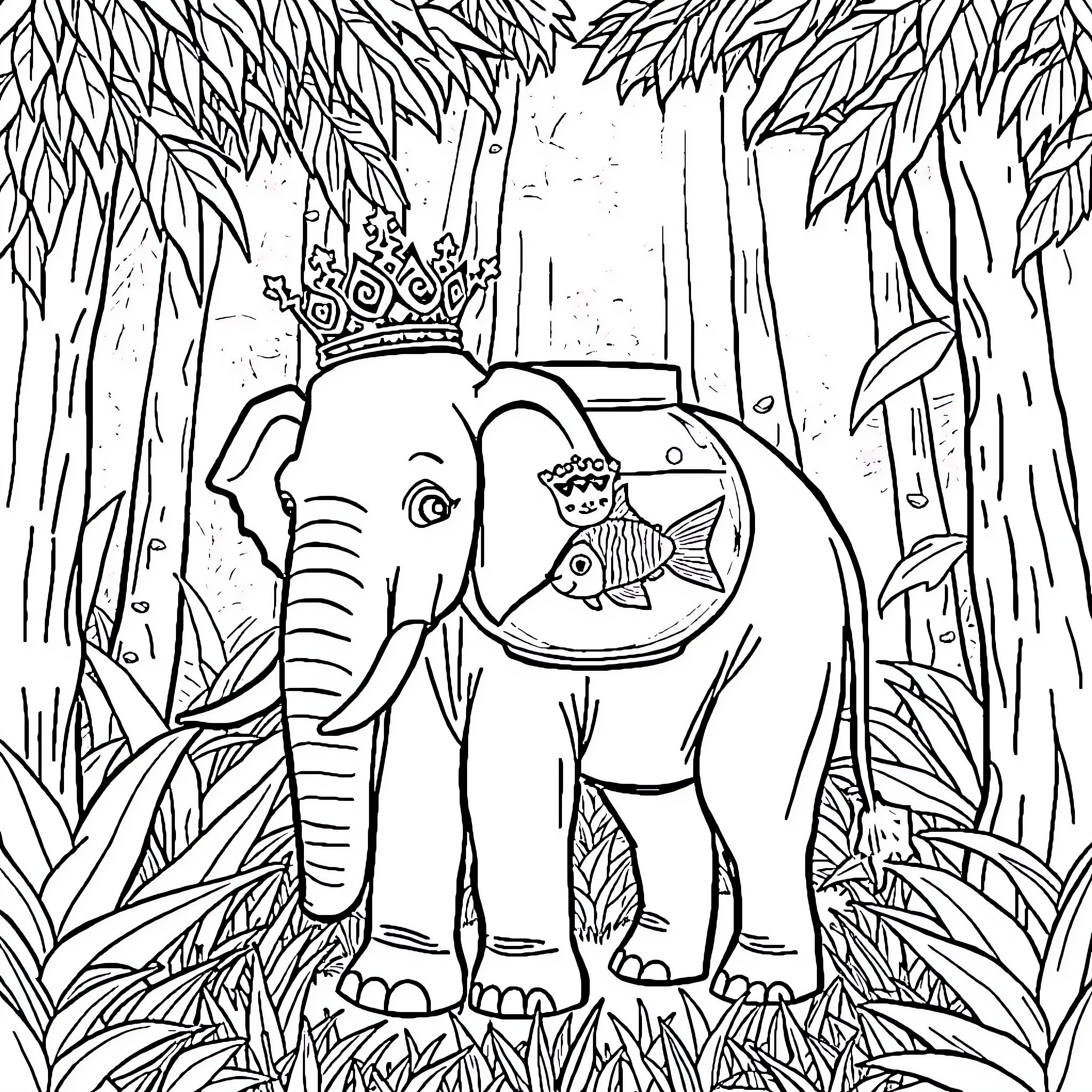 Elephant exploring in the jungle Coloring Page (free black-and-white line drawing printable PDF for all, from beginners to advanced learners, including children, teens, adults, and seniors)