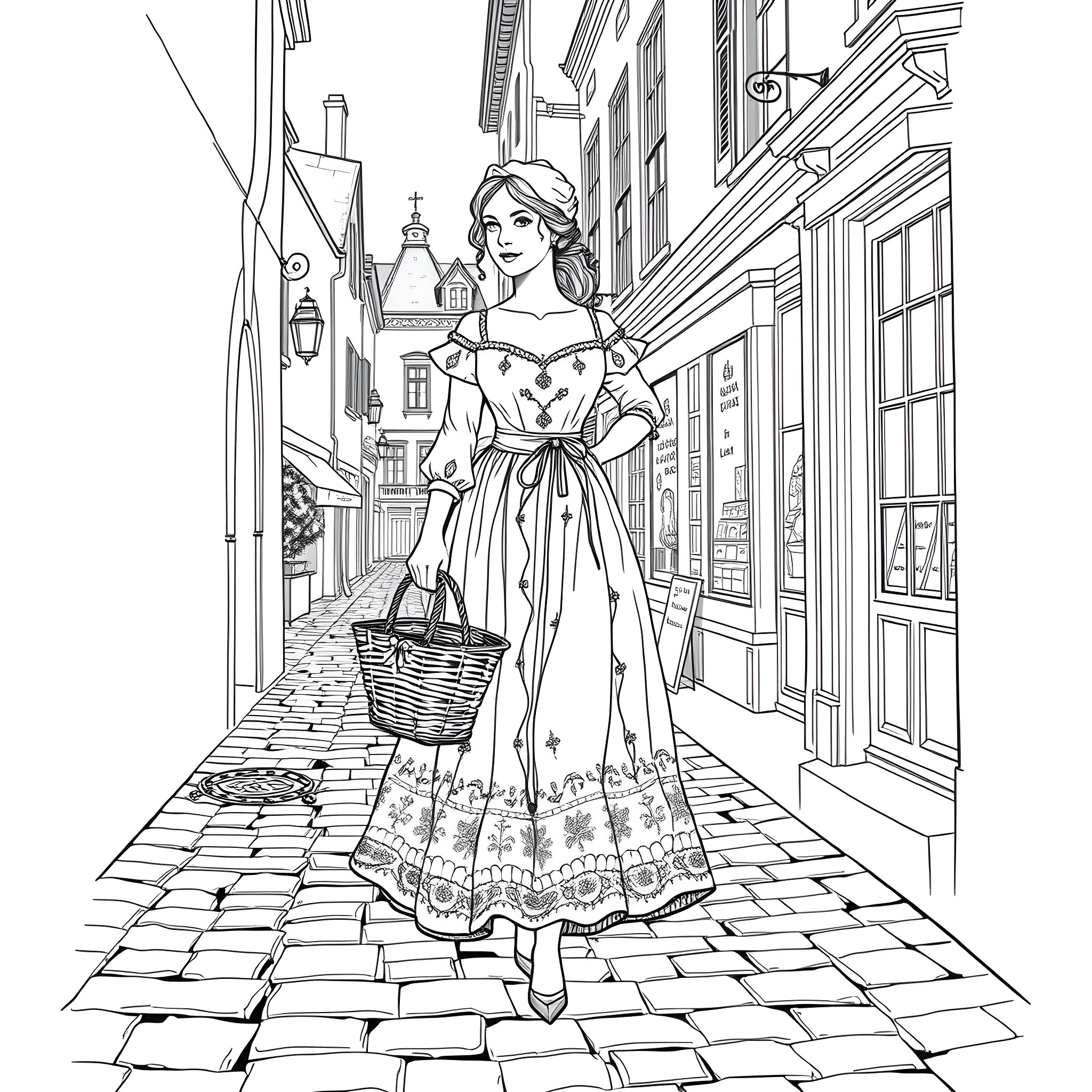 Girl in Elegant Dress Strolling Down Cobbled Street Coloring Page (free black-and-white line drawing printable PDF for all, from beginners to advanced learners, including children, teens, adults, and seniors)