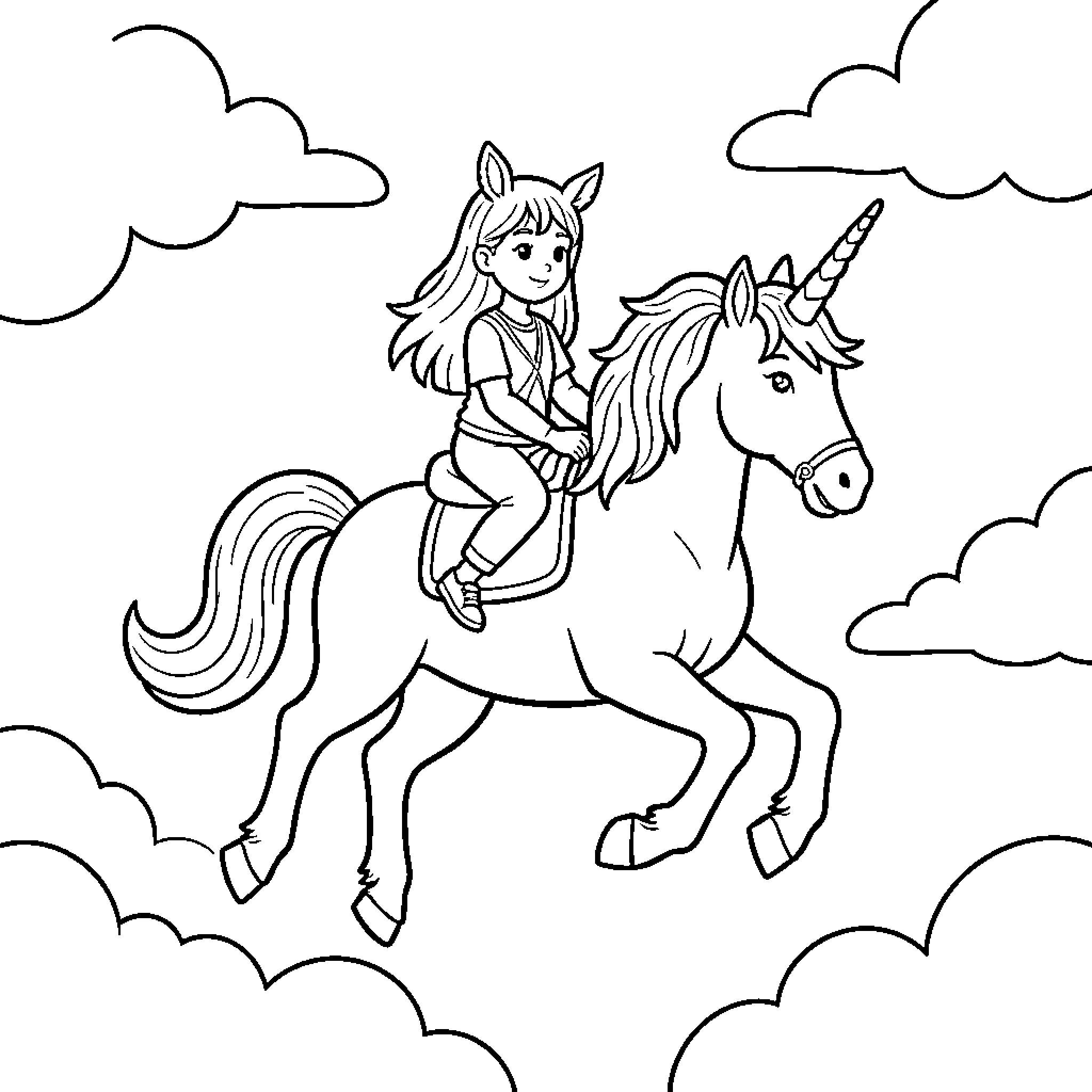 Gaby riding a unicorn through the clouds Coloring Page (free black-and-white line drawing printable PDF for all, from beginners to advanced learners, including children, teens, adults, and seniors)