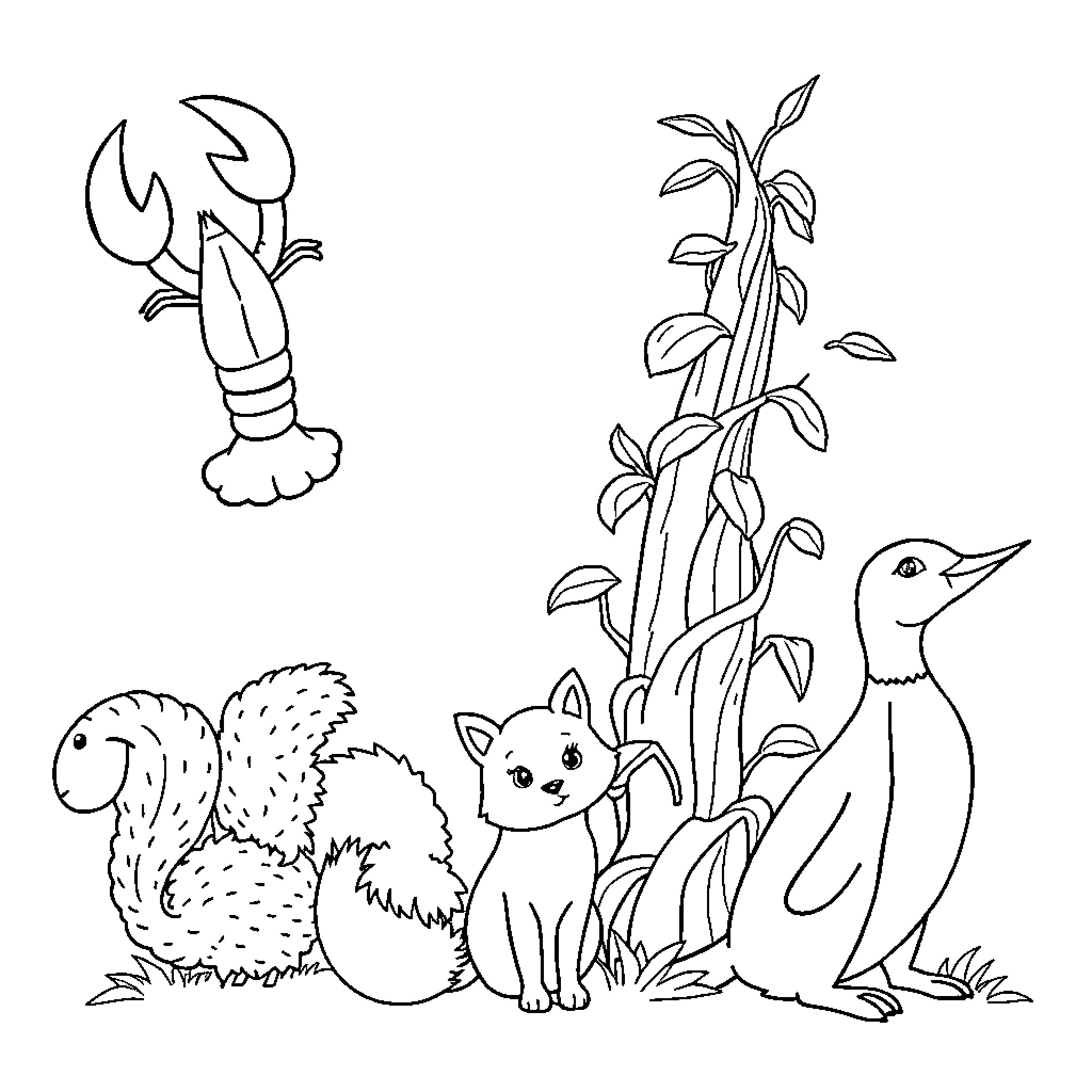 Lobster and animals in nature scene Coloring Page (free black-and-white line drawing printable PDF for all, from beginners to advanced learners, including children, teens, adults, and seniors)