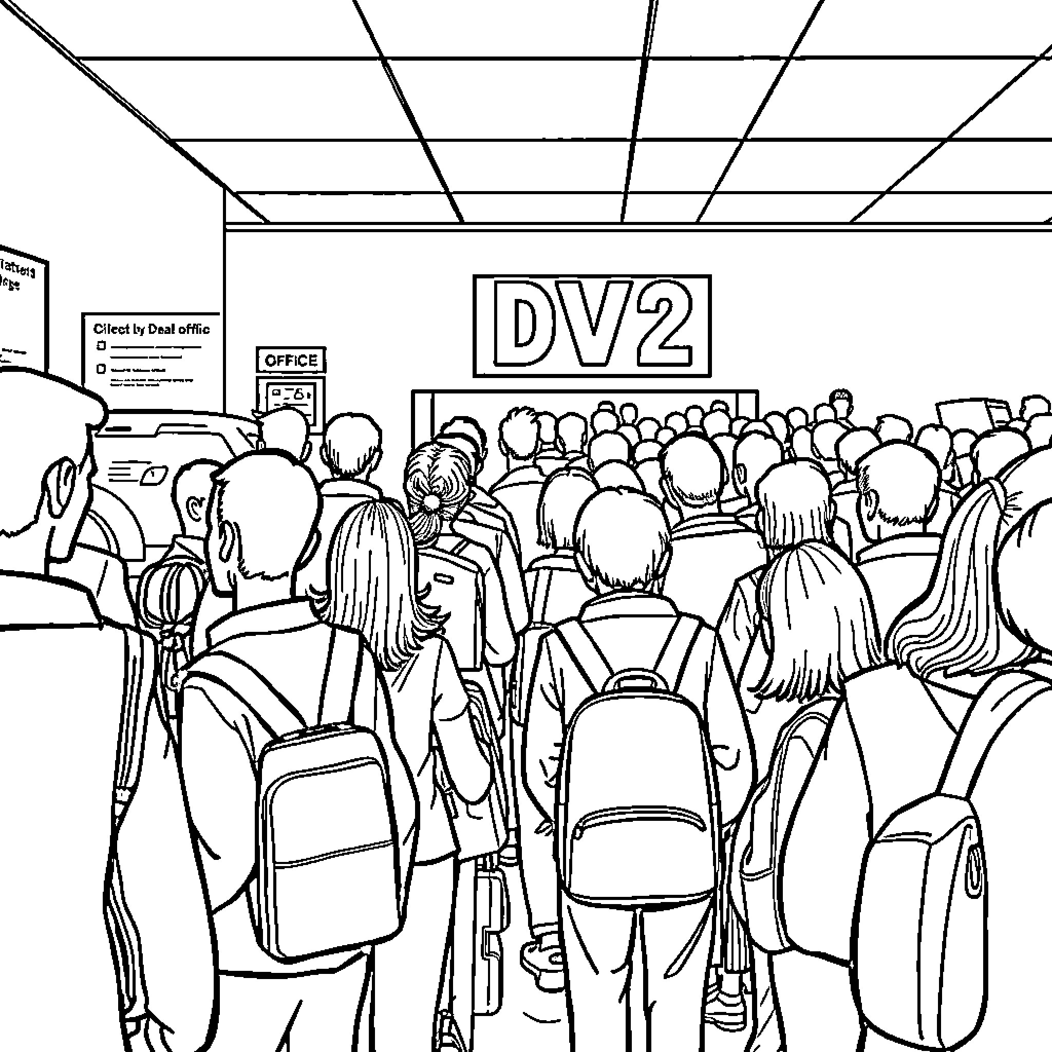 DMV Crowd Waiting Patiently in Line Coloring Page (free black-and-white line drawing printable PDF for all, from beginners to advanced learners, including children, teens, adults, and seniors)