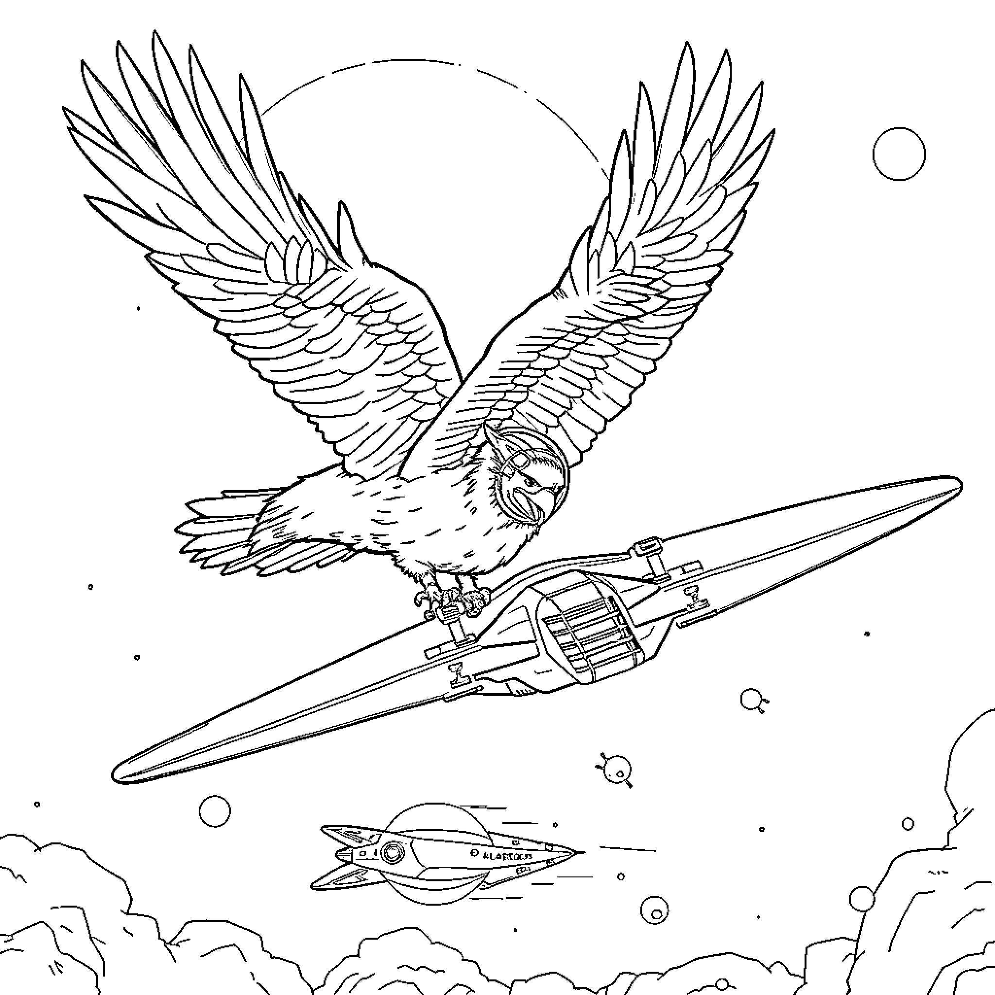 Eagle soaring with futuristic spacecraft Coloring Page (free black-and-white line drawing printable PDF for all, from beginners to advanced learners, including children, teens, adults, and seniors)