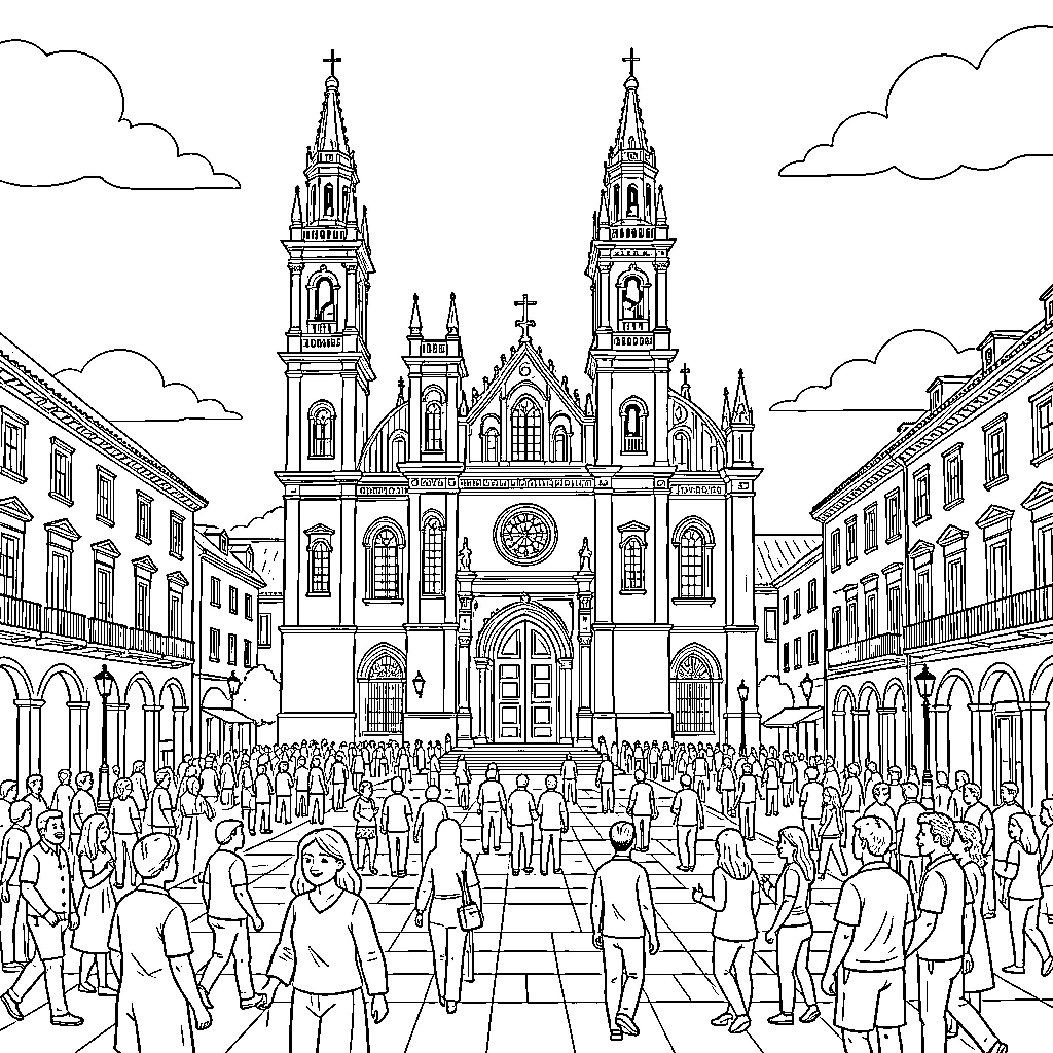 Valencia Cathedral surrounded by a large crowd of people Coloring Page (free black-and-white line drawing printable PDF for all, from beginners to advanced learners, including children, teens, adults, and seniors)