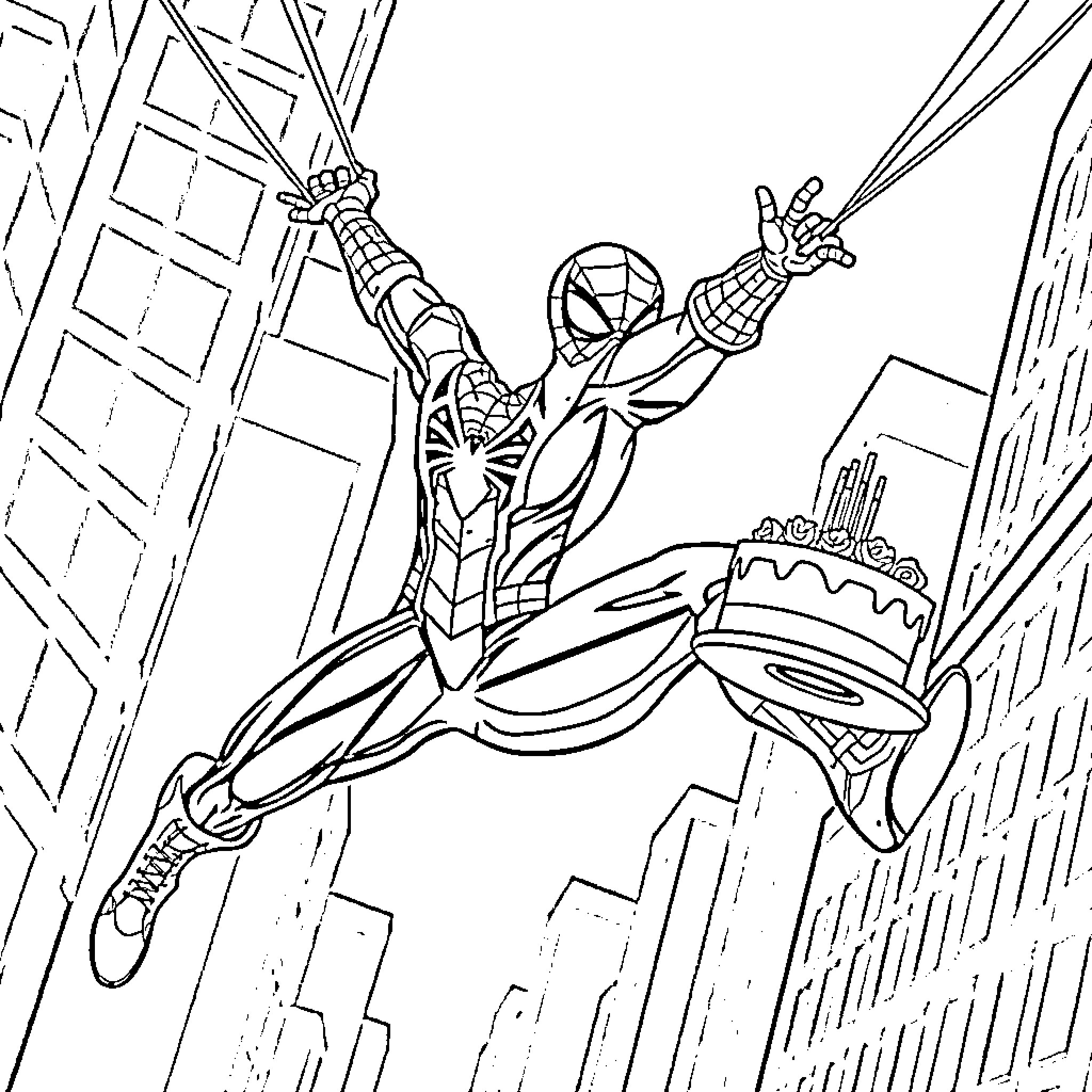 Spider-Man swinging through the city with webbing Coloring Page (free black-and-white line drawing printable PDF for all, from beginners to advanced learners, including children, teens, adults, and seniors)