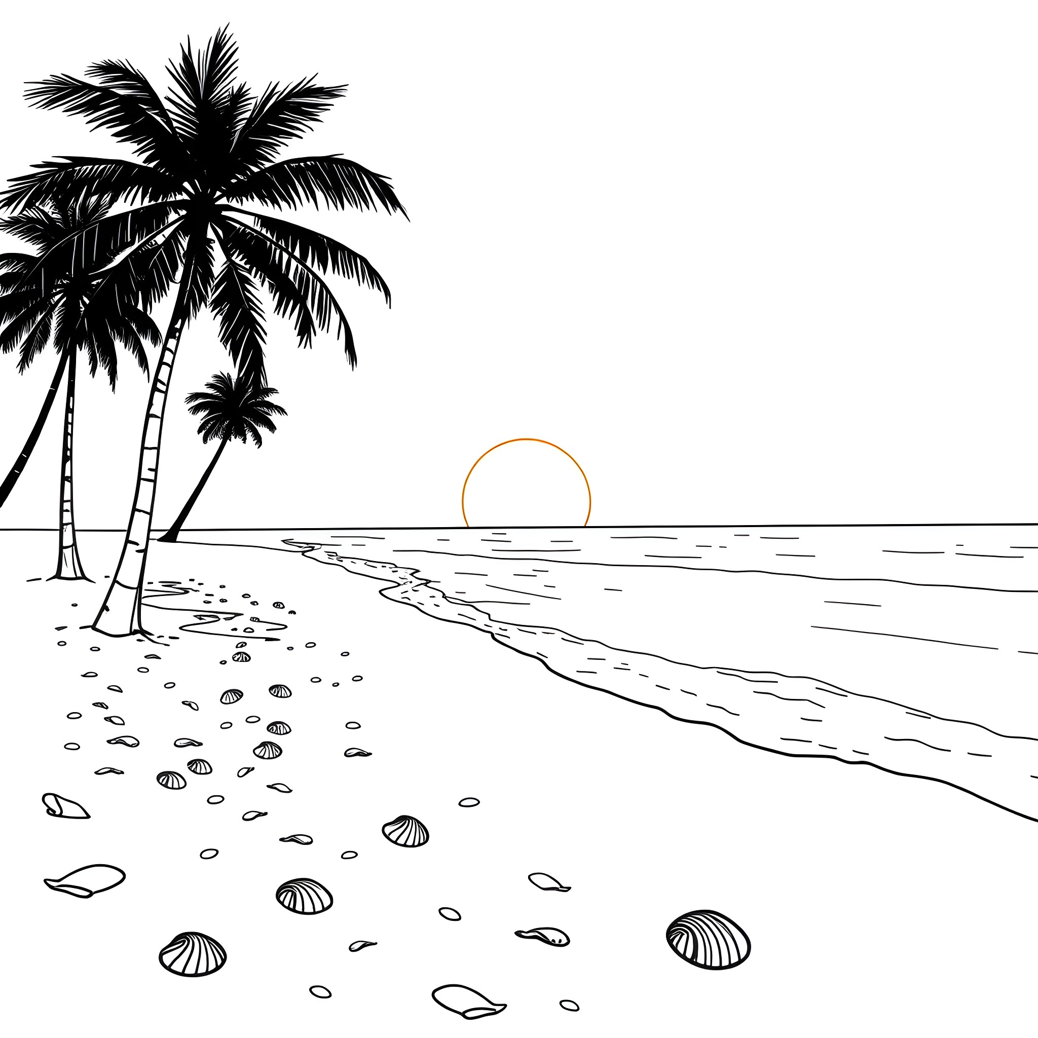 Sun setting over tropical palm trees on the beach Coloring Page (free black-and-white line drawing printable PDF for all, from beginners to advanced learners, including children, teens, adults, and seniors)