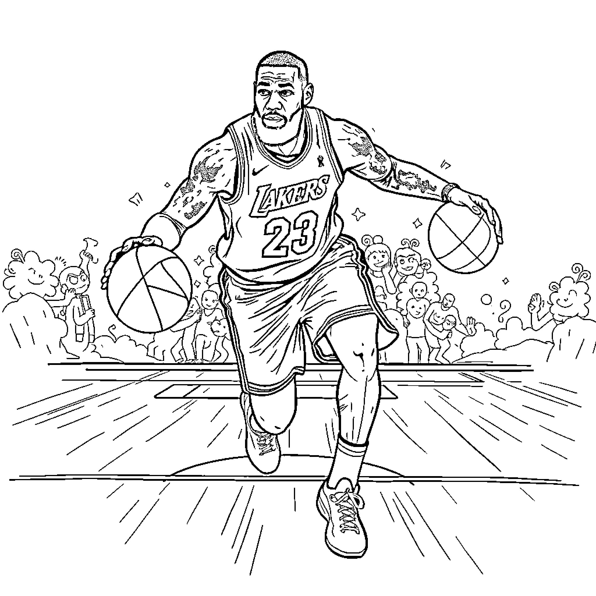 LeBron James playing basketball on the court Coloring Page (free black-and-white line drawing printable PDF for all, from beginners to advanced learners, including children, teens, adults, and seniors)