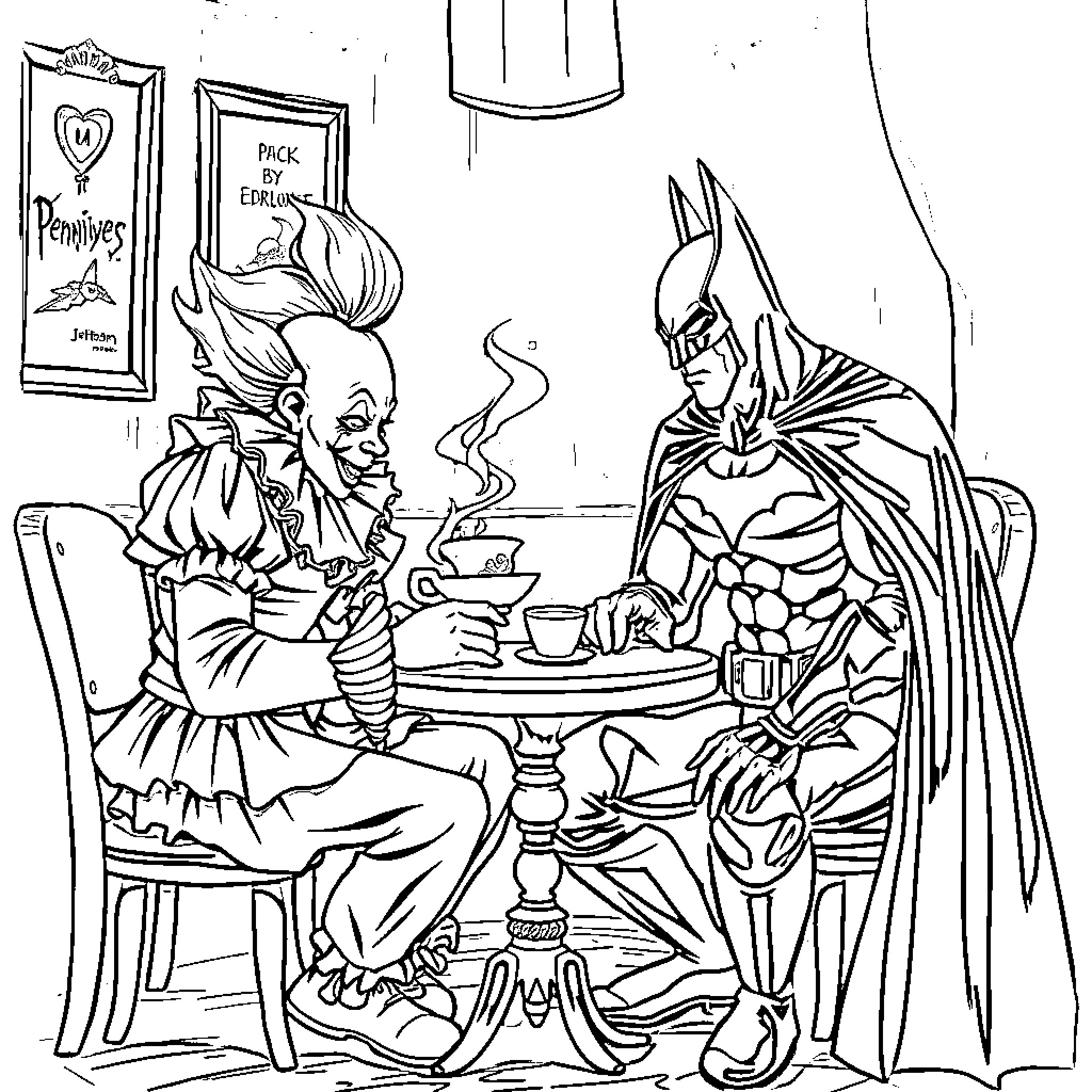 Pennywise and Batman enjoying tea together Coloring Page (free black-and-white line drawing printable PDF for all, from beginners to advanced learners, including children, teens, adults, and seniors)