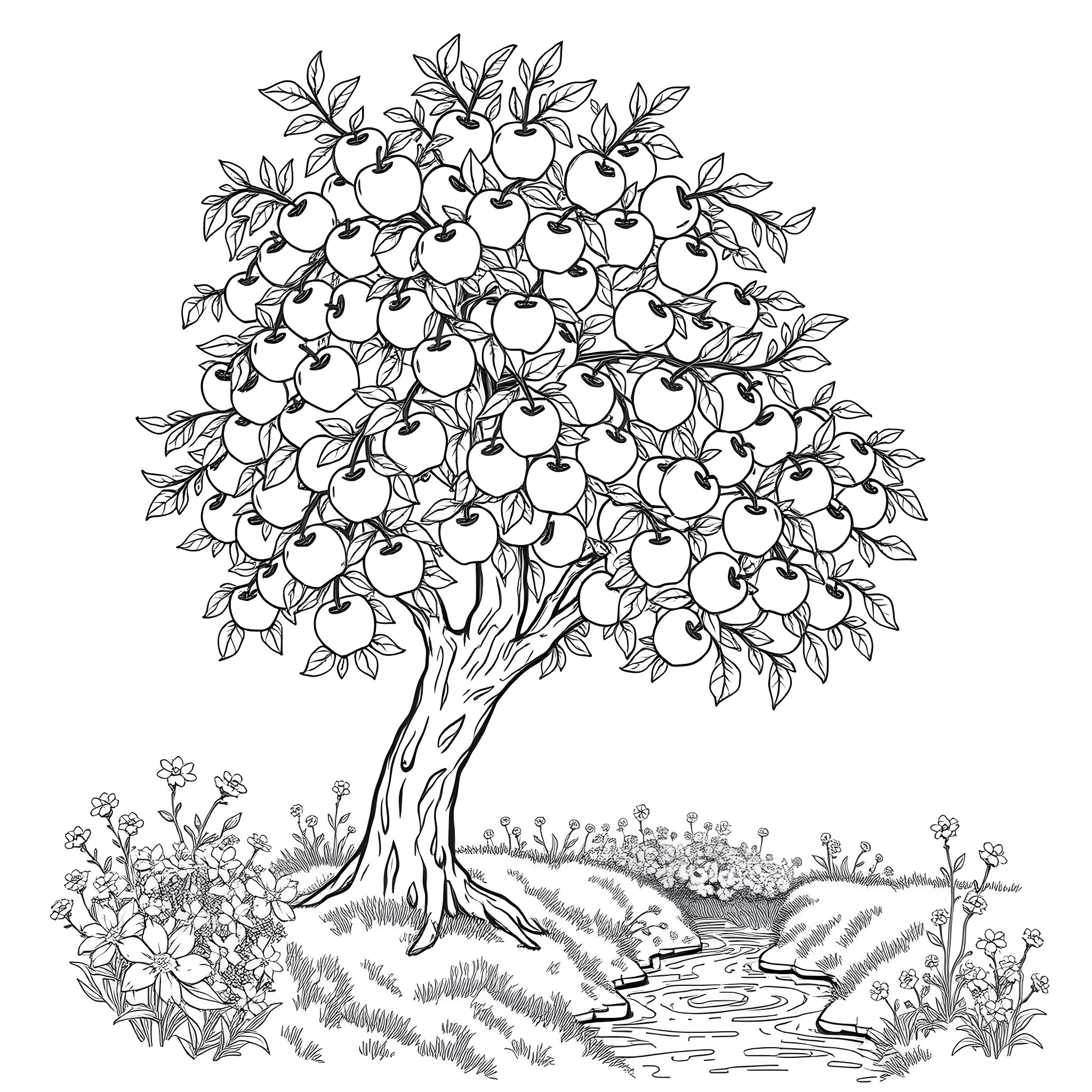 Apple Tree with Blossoms in Countryside Coloring Page (free black-and-white line drawing printable PDF for all, from beginners to advanced learners, including children, teens, adults, and seniors)