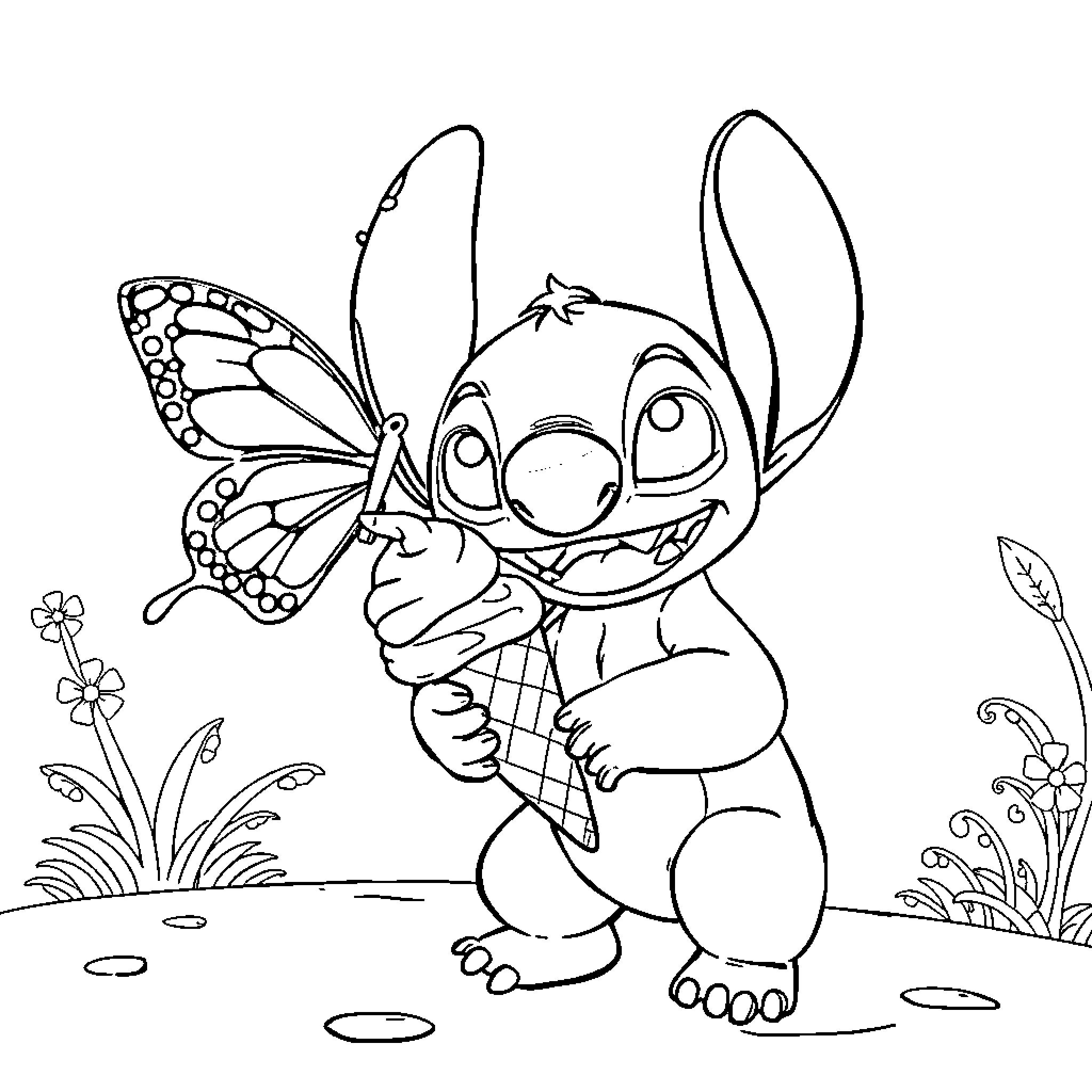 Butterfly-winged creature observing flowers in nature Coloring Page (free black-and-white line drawing printable PDF for all, from beginners to advanced learners, including children, teens, adults, and seniors)