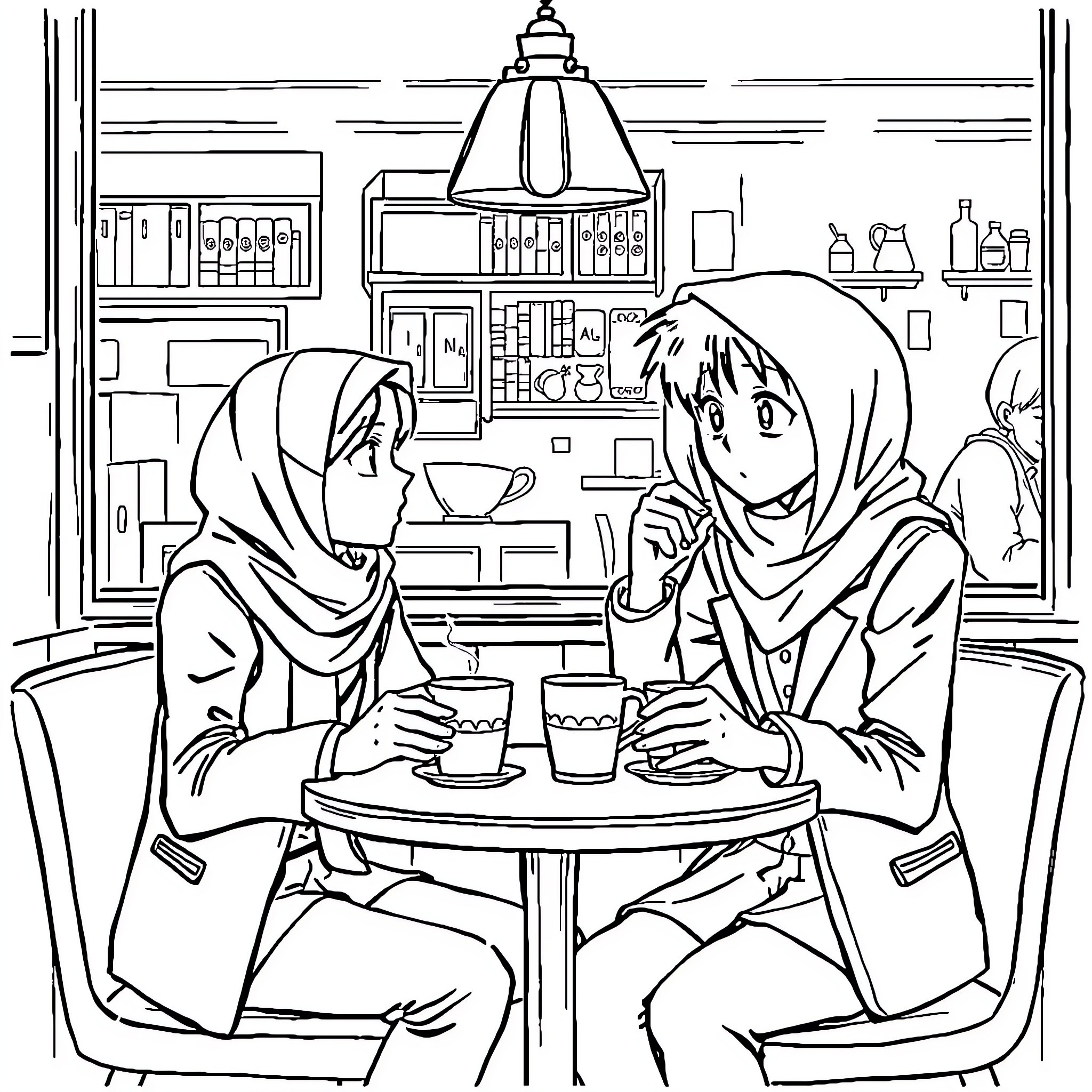 Detective Conan: Friends Enjoying Drinks at a Cozy Cafe Coloring Page (free black-and-white line drawing printable PDF for all, from beginners to advanced learners, including children, teens, adults, and seniors)