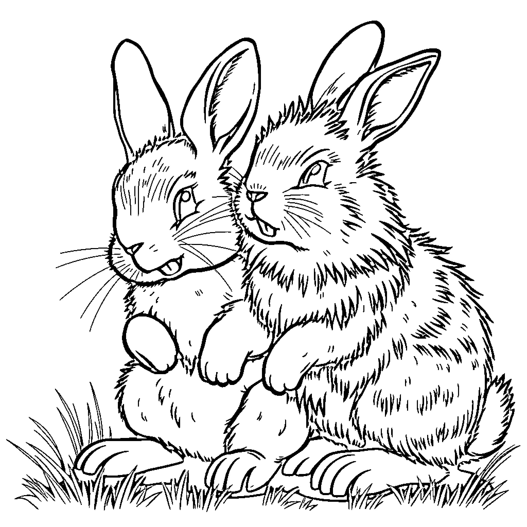 Bunny friends sharing a moment in the field Coloring Page (free black-and-white line drawing printable PDF for all, from beginners to advanced learners, including children, teens, adults, and seniors)