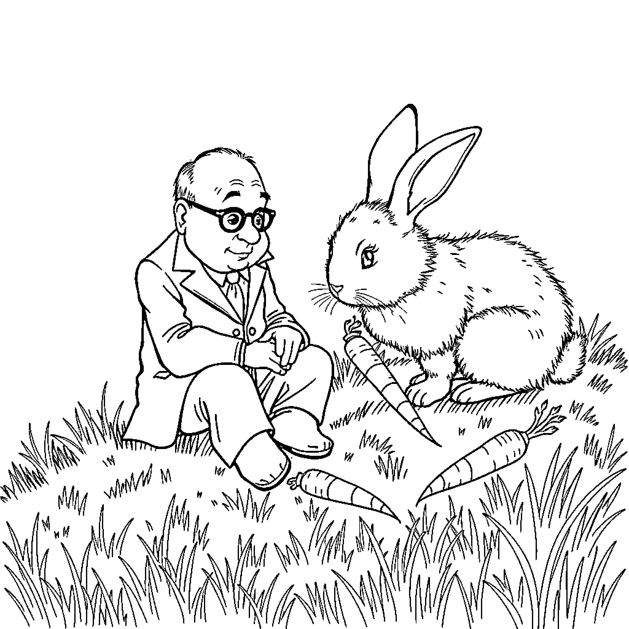 Alfred Hitchcock observing a rabbit in the meadow Coloring Page (free black-and-white line drawing printable PDF for all, from beginners to advanced learners, including children, teens, adults, and seniors)
