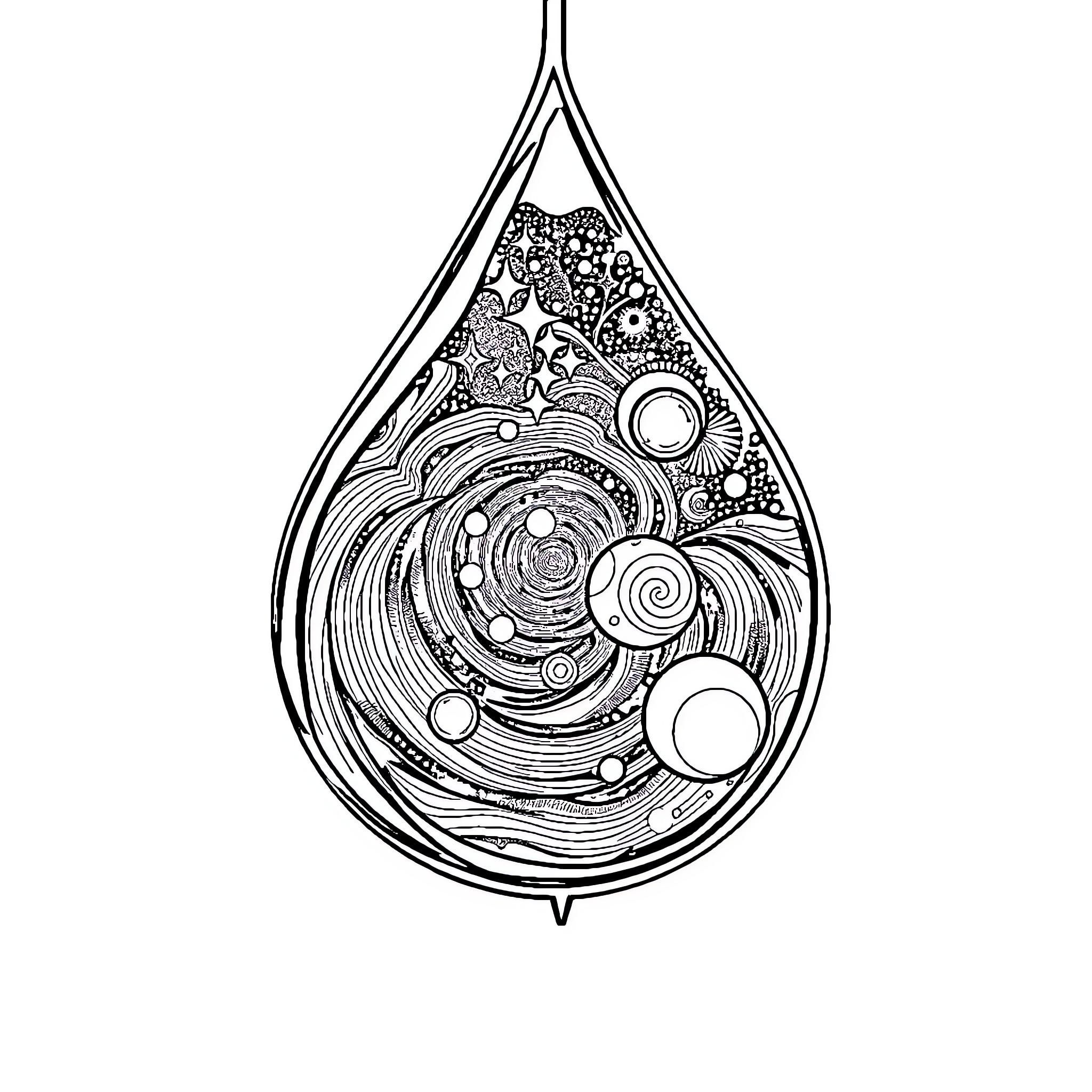 Raindrop with abstract cosmic patterns Coloring Page (free black-and-white line drawing printable PDF for all, from beginners to advanced learners, including children, teens, adults, and seniors)