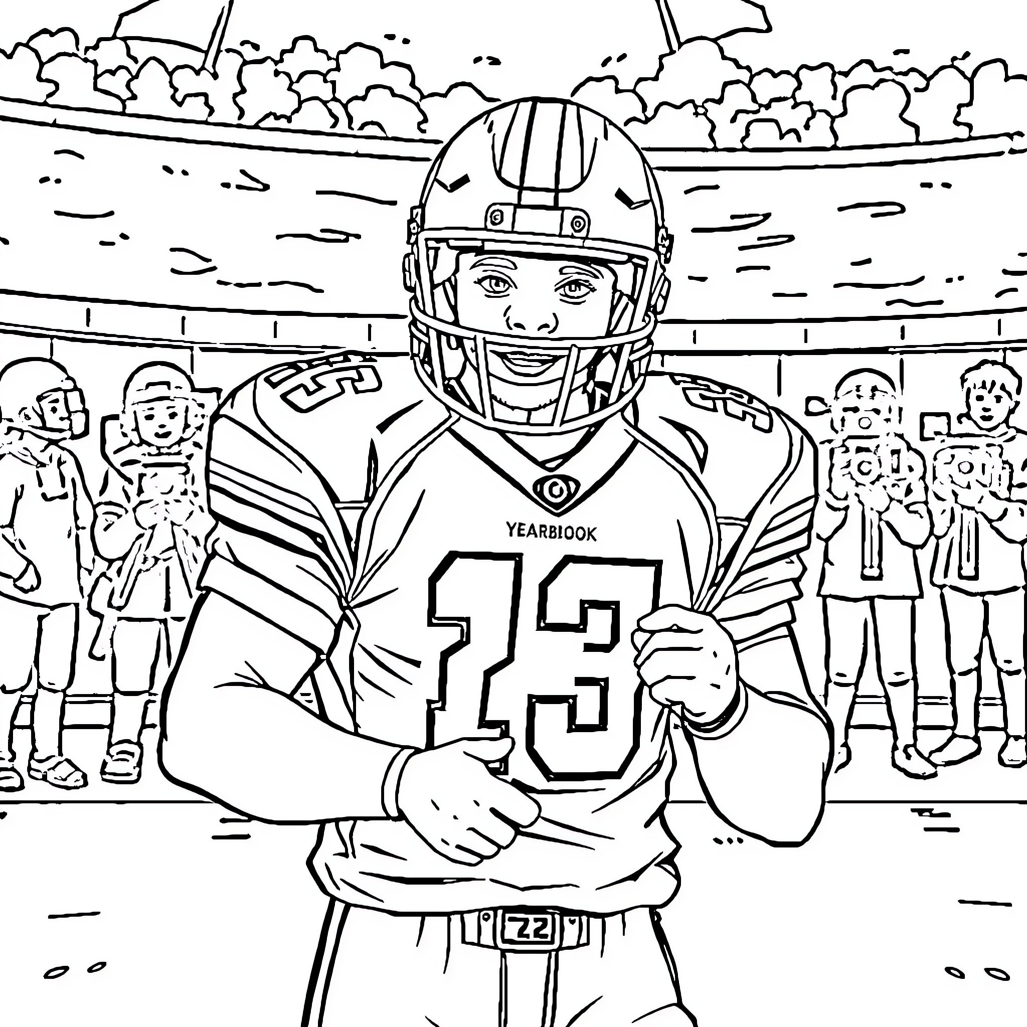 Football Player Celebrating Victory on the Field Coloring Page (free black-and-white line drawing printable PDF for all, from beginners to advanced learners, including children, teens, adults, and seniors)