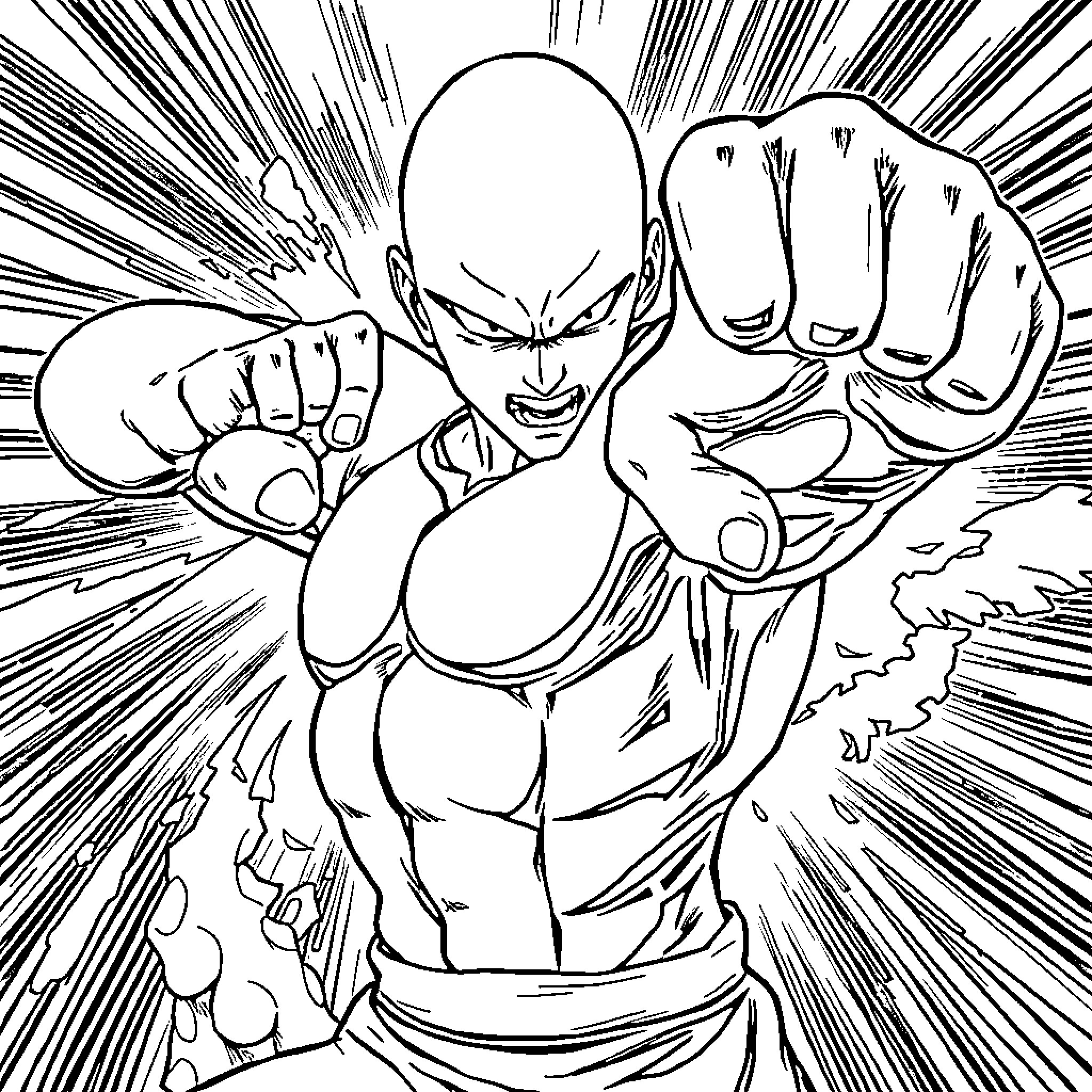 Saitama's Powerful Punch Coloring Page (free black-and-white line drawing printable PDF for all, from beginners to advanced learners, including children, teens, adults, and seniors)