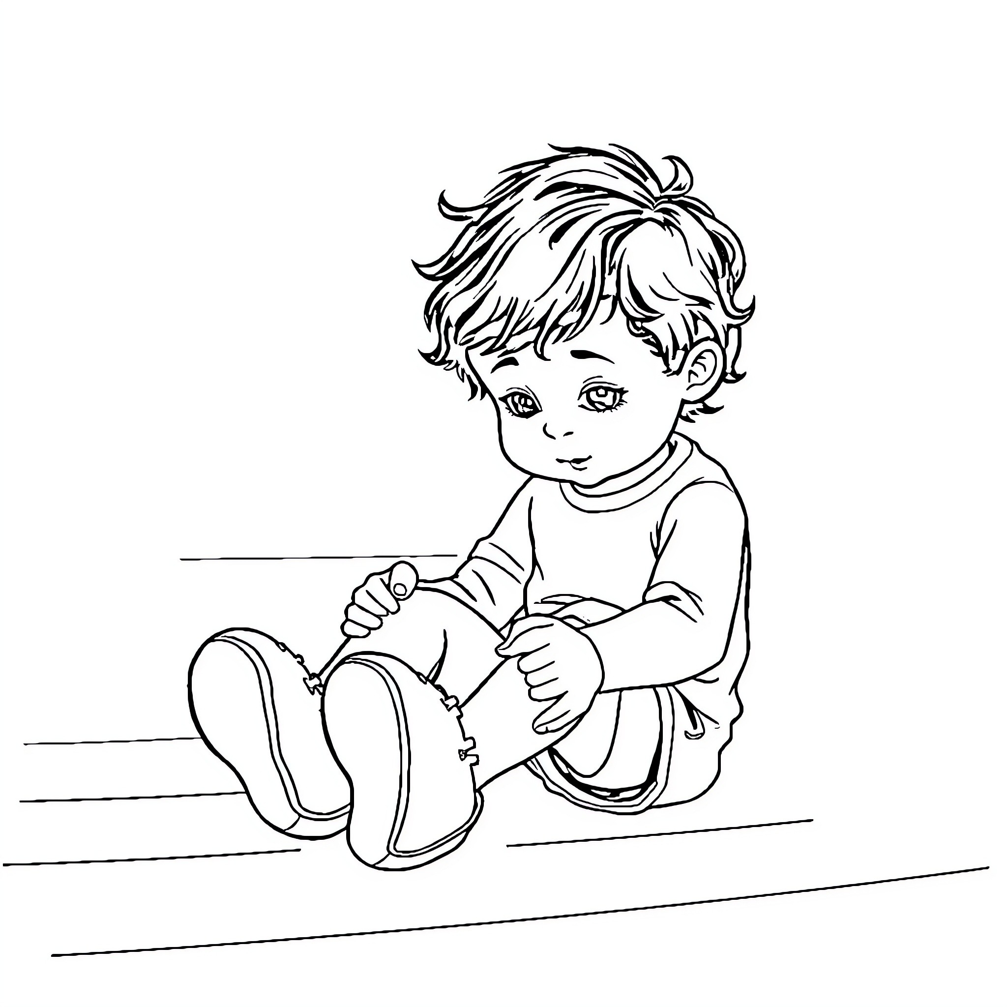 Kid Sitting on Bench and Tying Shoelaces Coloring Page (free black-and-white line drawing printable PDF for all, from beginners to advanced learners, including children, teens, adults, and seniors)