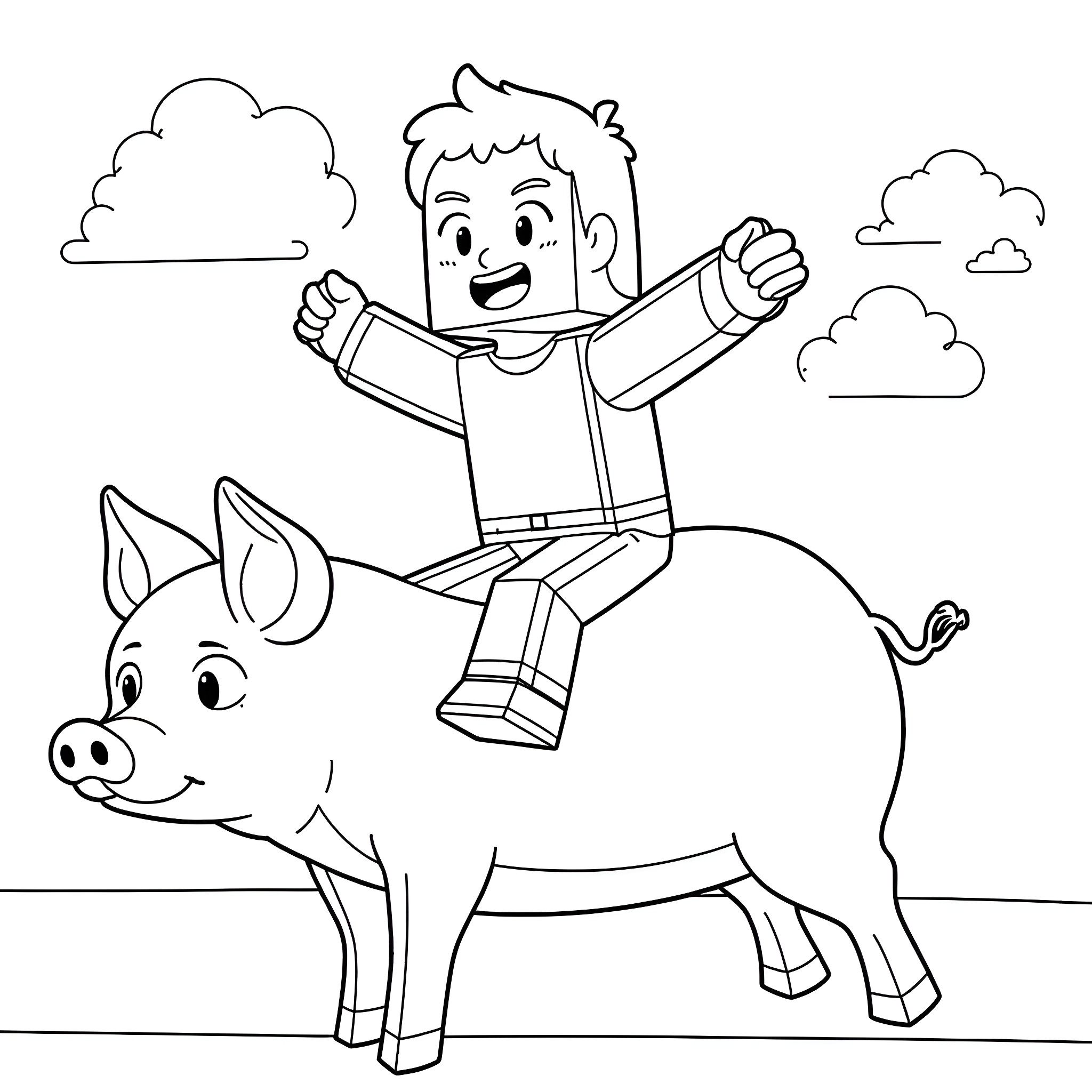 Steve riding happily on a pig in the countryside Coloring Page (free black-and-white line drawing printable PDF for all, from beginners to advanced learners, including children, teens, adults, and seniors)