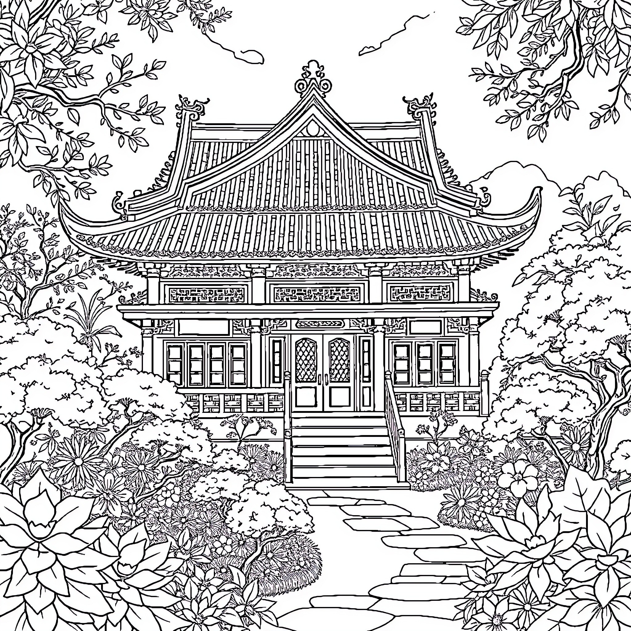 House with intricate architectural design in garden Coloring Page (free black-and-white line drawing printable PDF for all, from beginners to advanced learners, including children, teens, adults, and seniors)