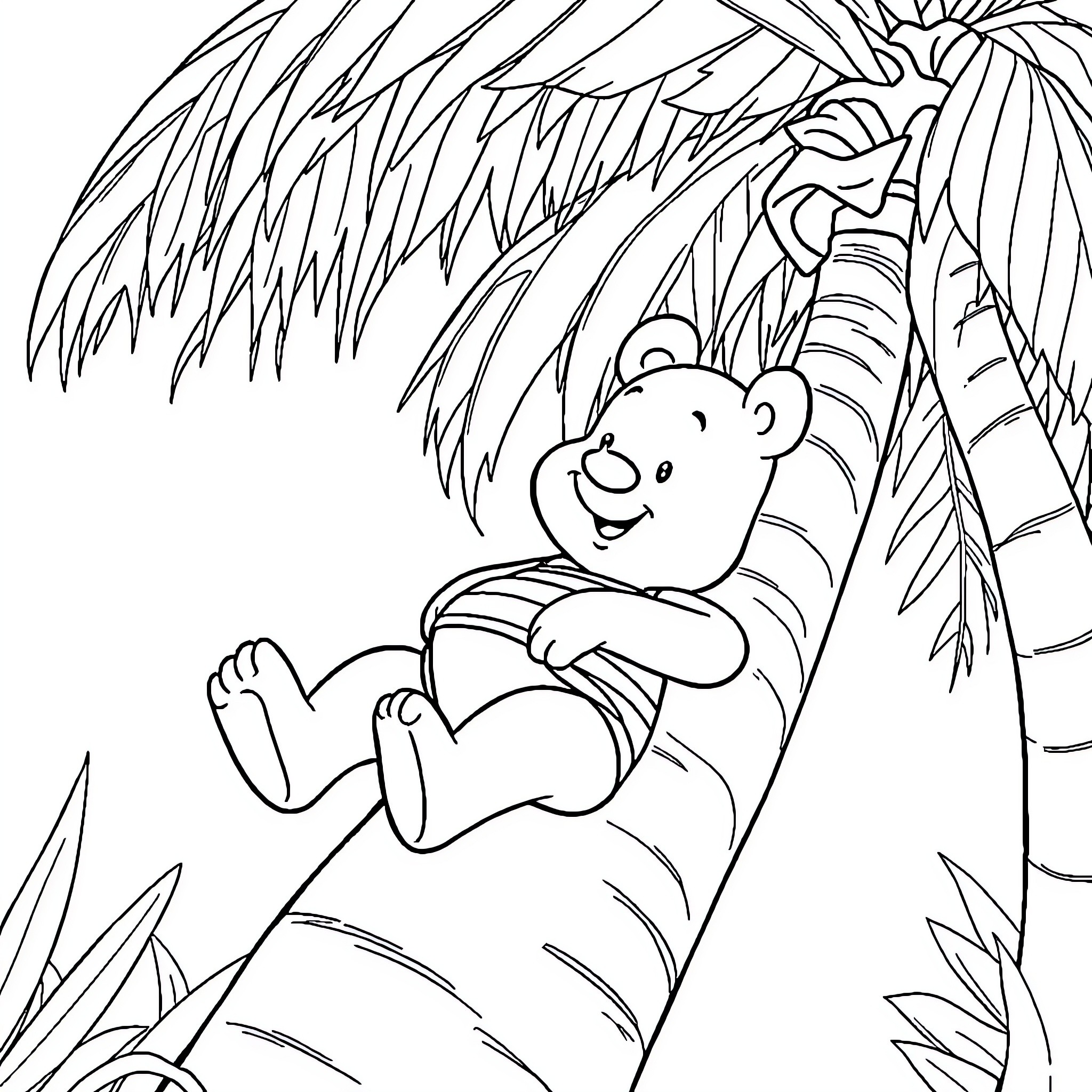 Winnie the Teddy Bear Relaxing in the Jungle Coloring Page (free black-and-white line drawing printable PDF for all, from beginners to advanced learners, including children, teens, adults, and seniors)