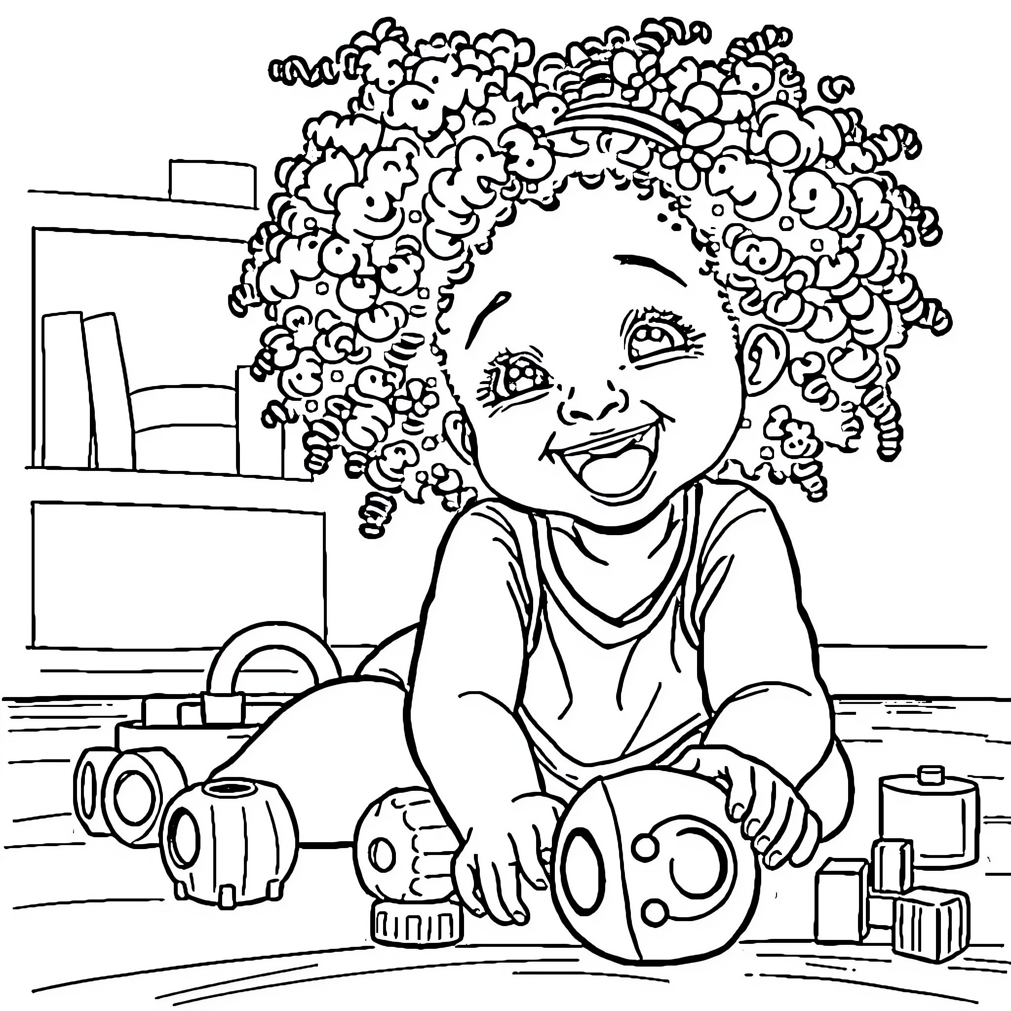 Girl playing happily with toys in the room Coloring Page (free black-and-white line drawing printable PDF for all, from beginners to advanced learners, including children, teens, adults, and seniors)
