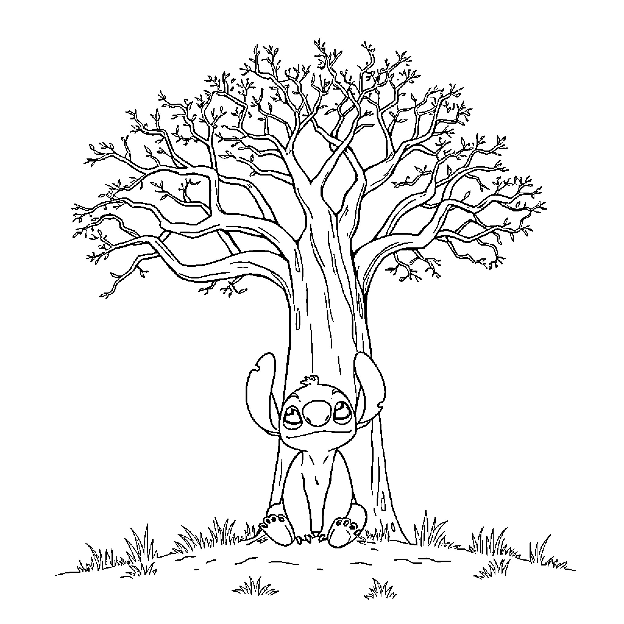 Stitch sitting under a tree Coloring Page (free black-and-white line drawing printable PDF for all, from beginners to advanced learners, including children, teens, adults, and seniors)