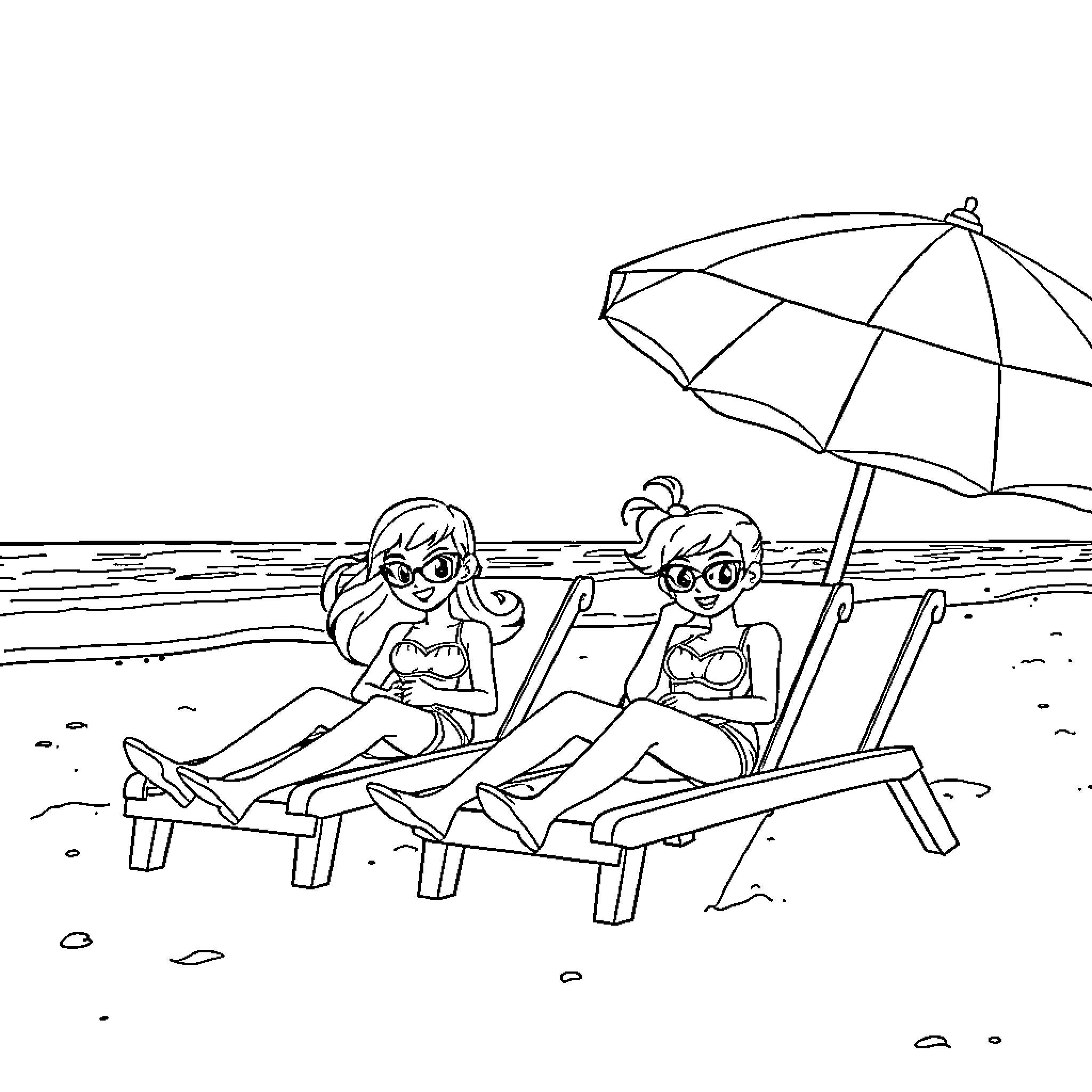 Totally Spies enjoy a sunny beach day Coloring Page (free black-and-white line drawing printable PDF for all, from beginners to advanced learners, including children, teens, adults, and seniors)
