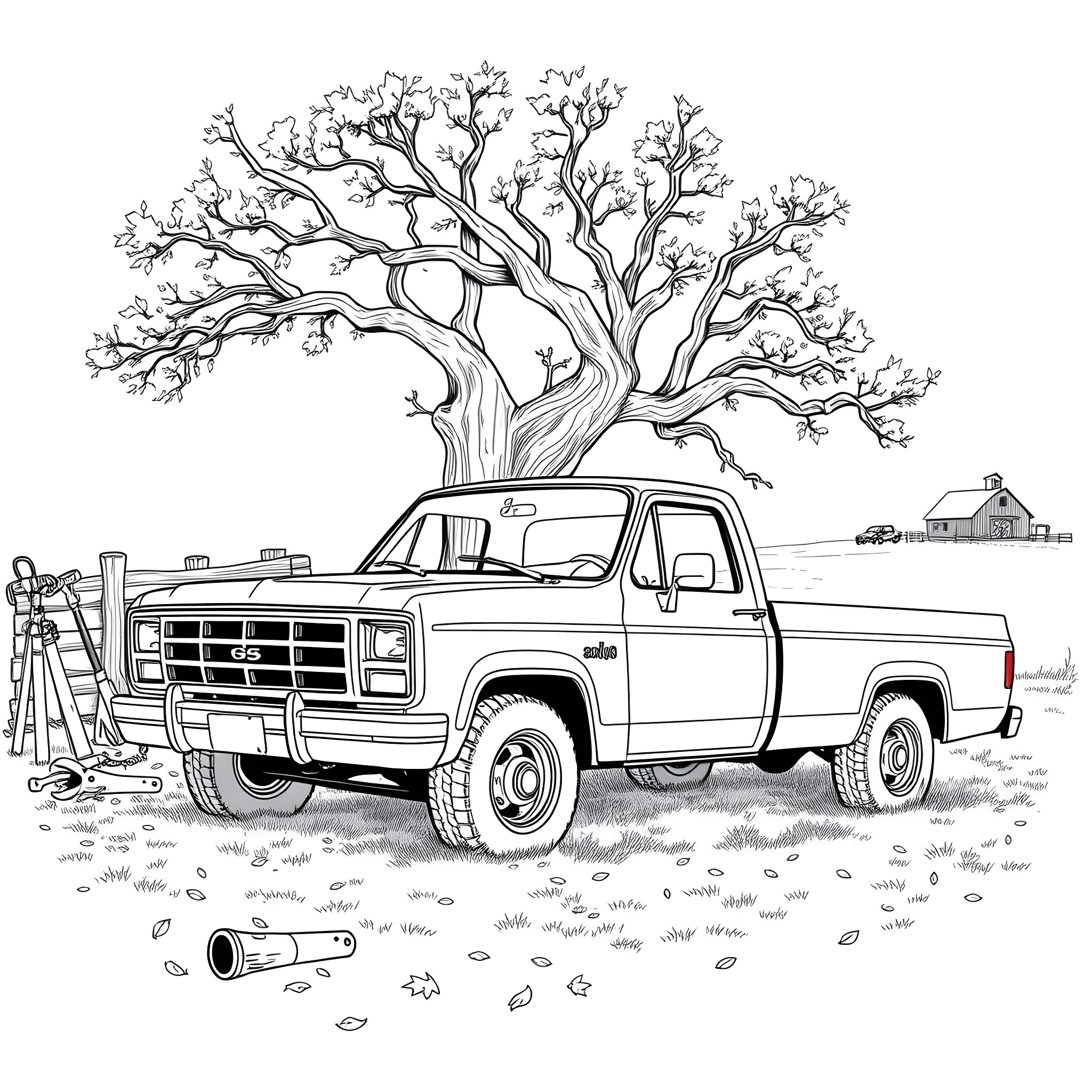 94 Stepside truck parked under a tree Coloring Page (free black-and-white line drawing printable PDF for all, from beginners to advanced learners, including children, teens, adults, and seniors)