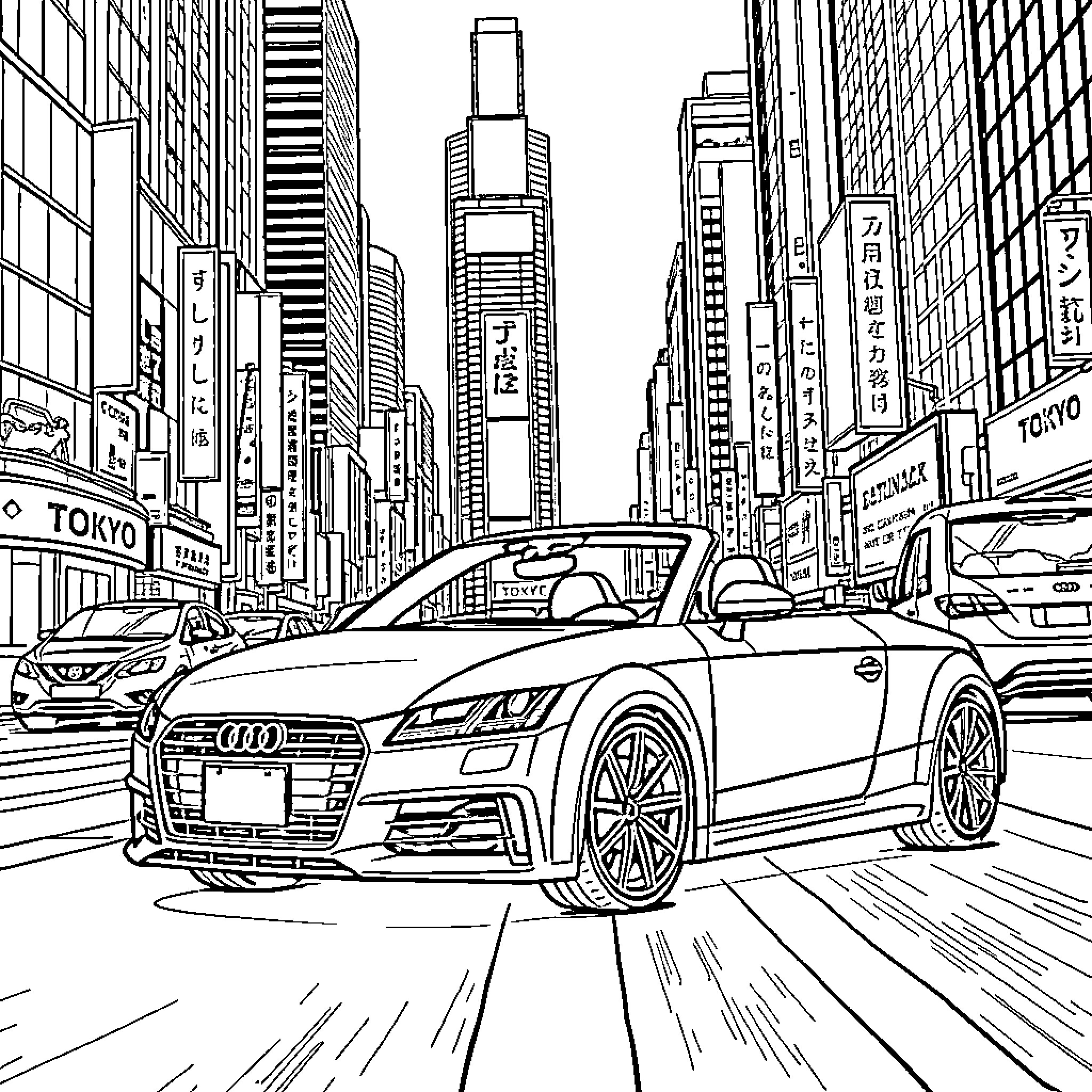 Audi sports car in bustling Tokyo cityscape Coloring Page (free black-and-white line drawing printable PDF for all, from beginners to advanced learners, including children, teens, adults, and seniors)