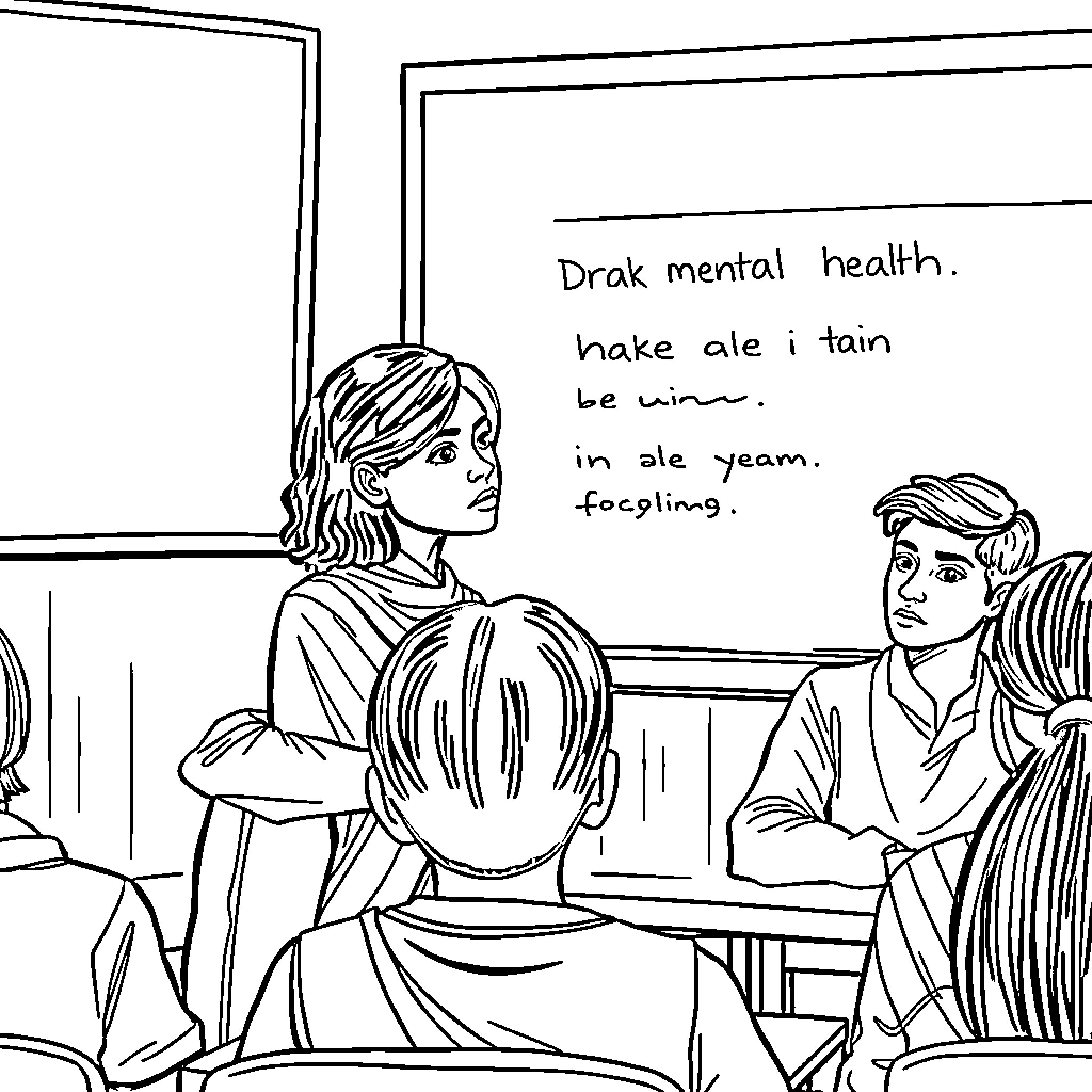Students discussing mental health in classroom Coloring Page (free black-and-white line drawing printable PDF for all, from beginners to advanced learners, including children, teens, adults, and seniors)