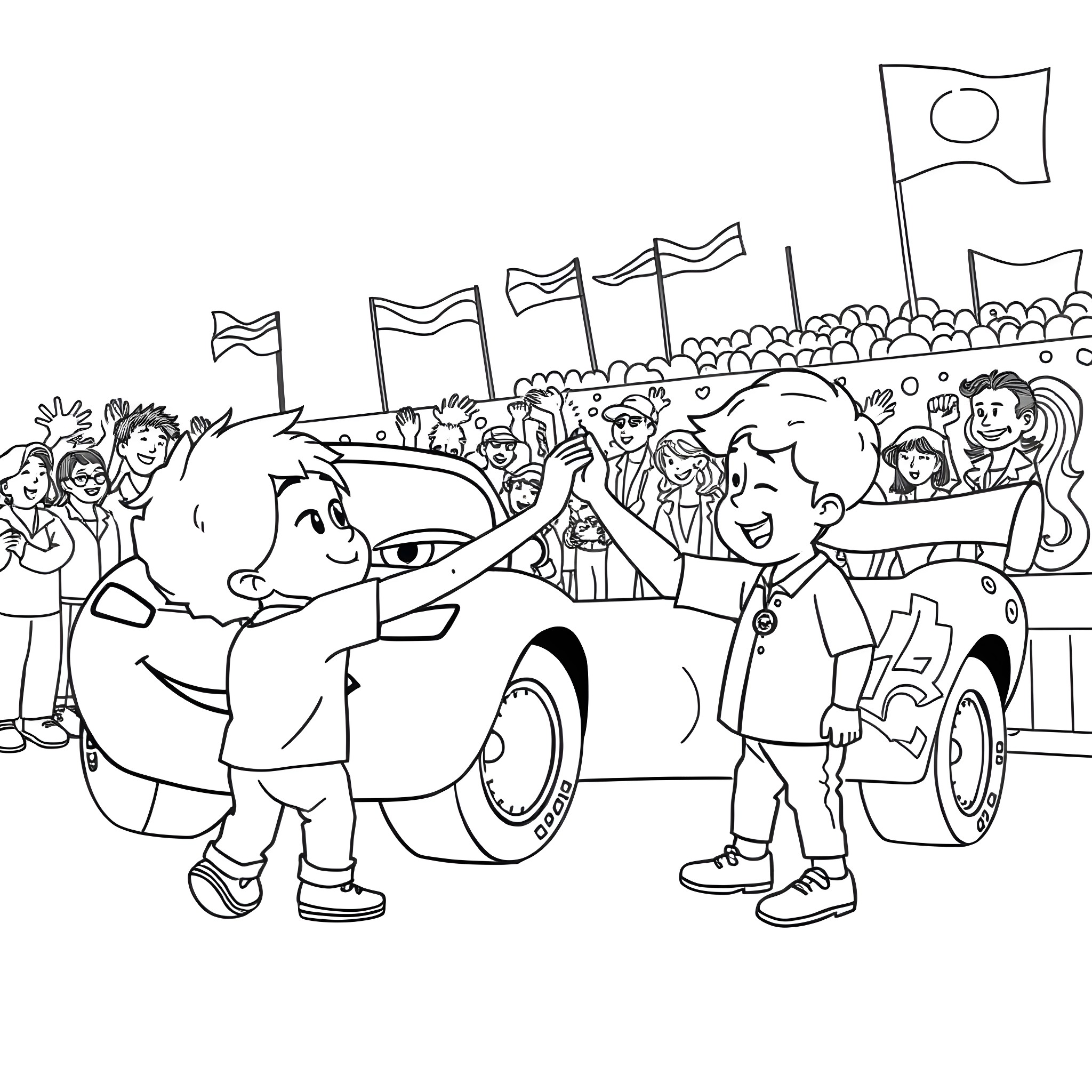 Lightning McQueen surrounded by fans at a racing event Coloring Page (free black-and-white line drawing printable PDF for all, from beginners to advanced learners, including children, teens, adults, and seniors)