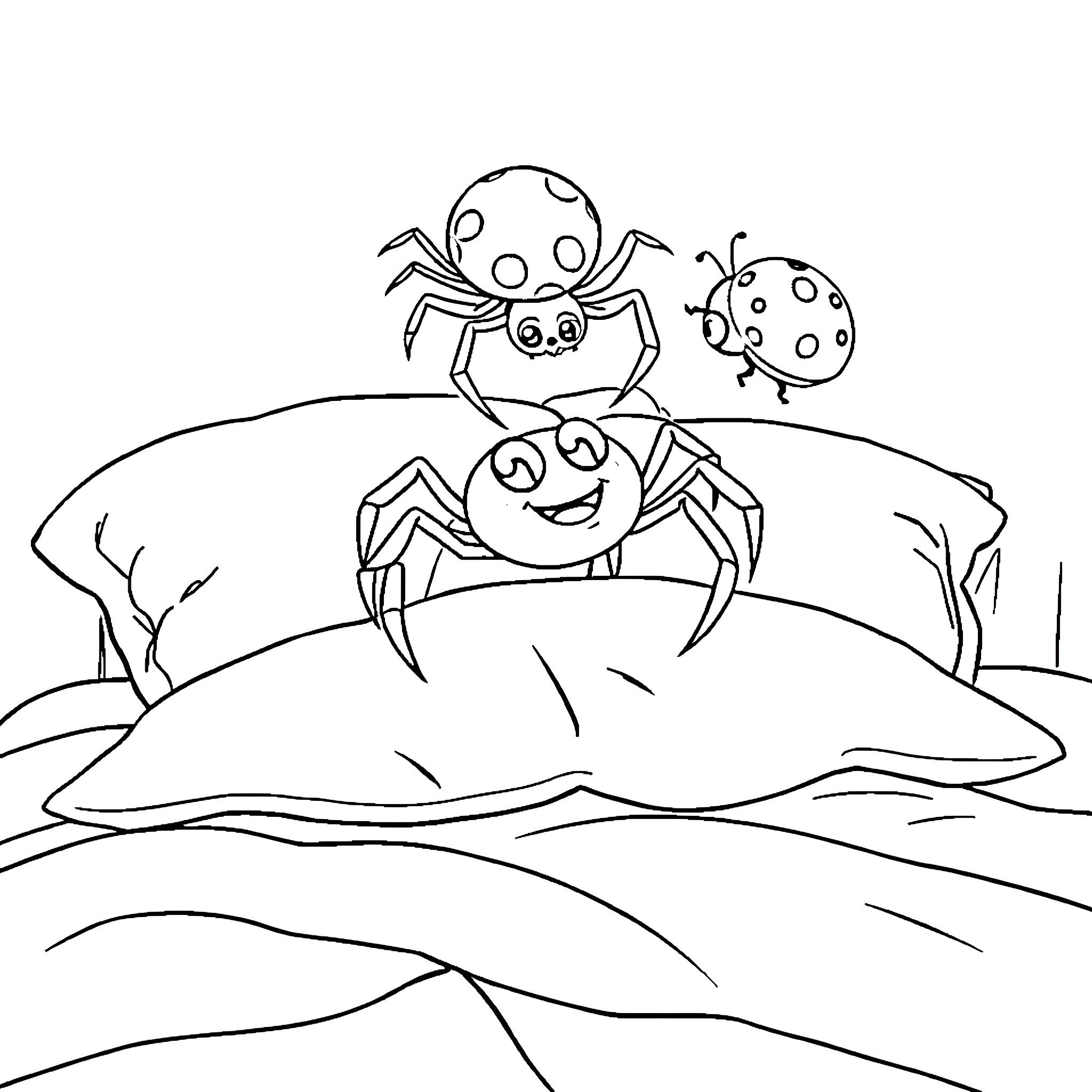 Spider friends exploring a rocky landscape Coloring Page (free black-and-white line drawing printable PDF for all, from beginners to advanced learners, including children, teens, adults, and seniors)