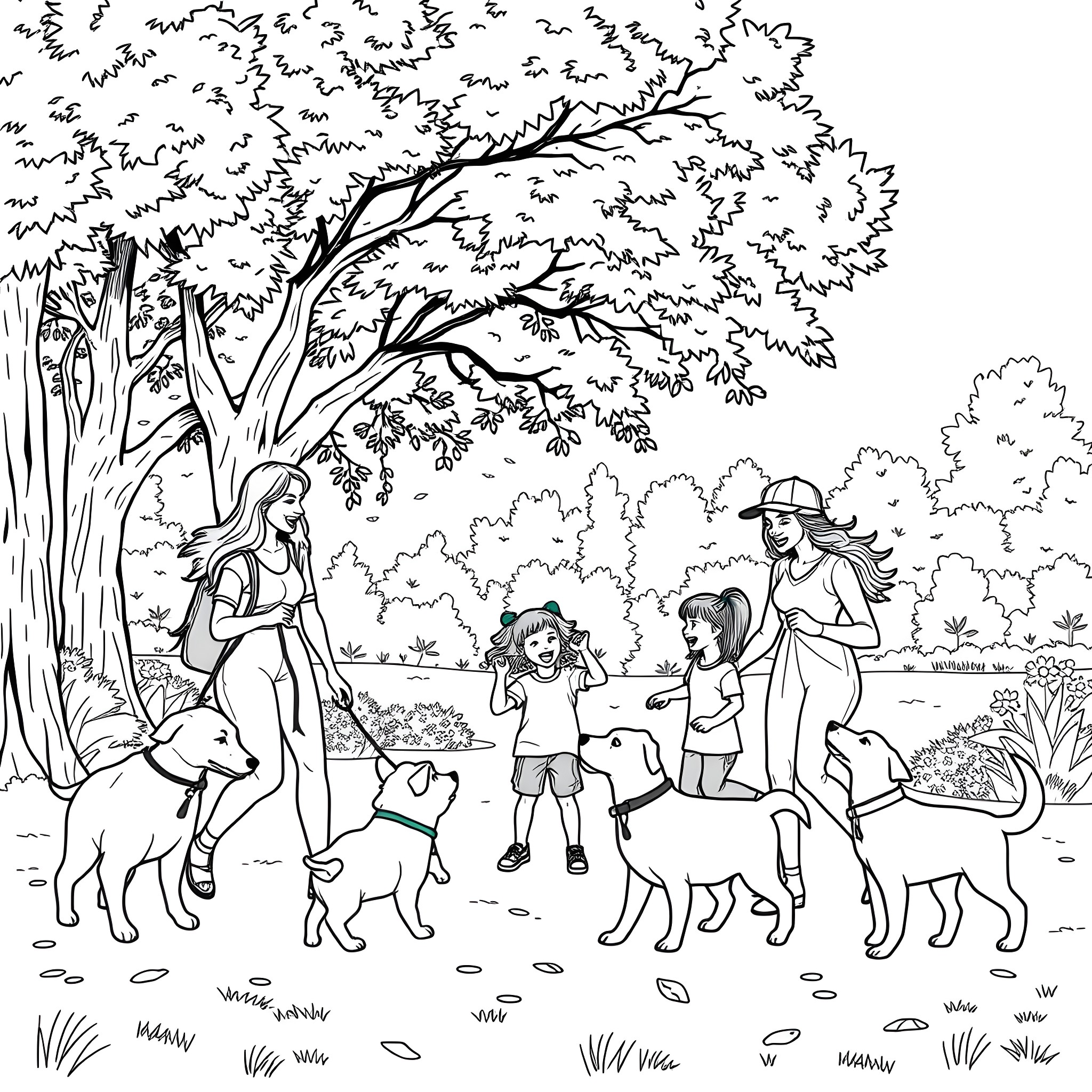 Woman spending time with children and pets in nature Coloring Page (free black-and-white line drawing printable PDF for all, from beginners to advanced learners, including children, teens, adults, and seniors)
