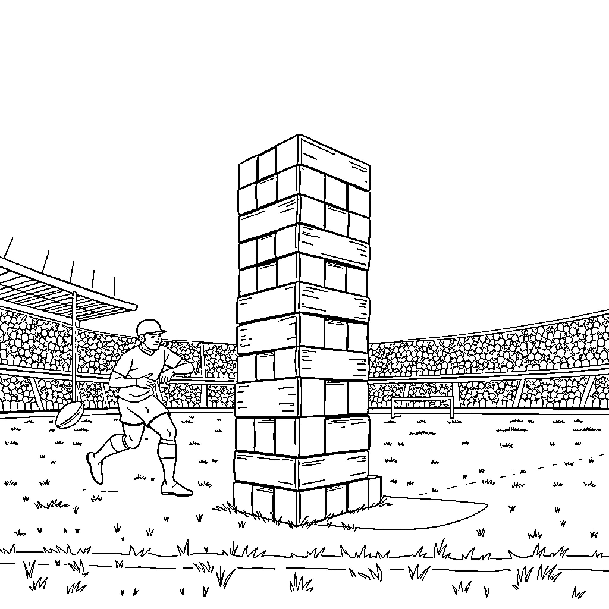 Jenga game in a sports stadium setting Coloring Page (free black-and-white line drawing printable PDF for all, from beginners to advanced learners, including children, teens, adults, and seniors)