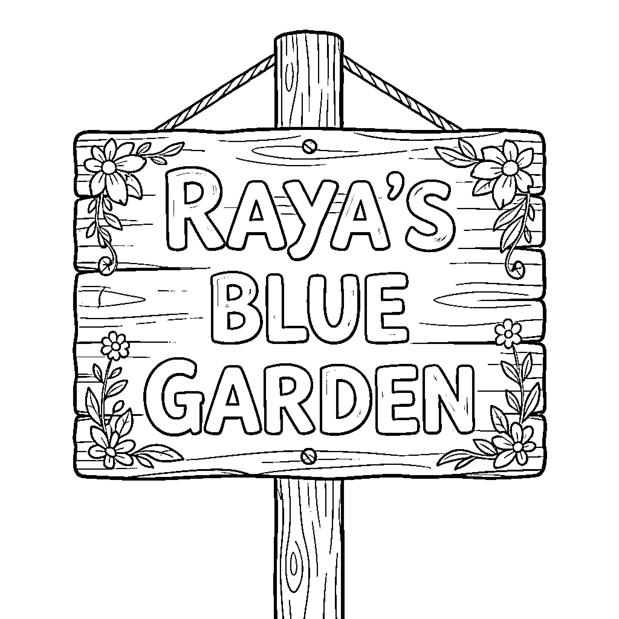 Garden sign with floral decorations Coloring Page (free black-and-white line drawing printable PDF for all, from beginners to advanced learners, including children, teens, adults, and seniors)
