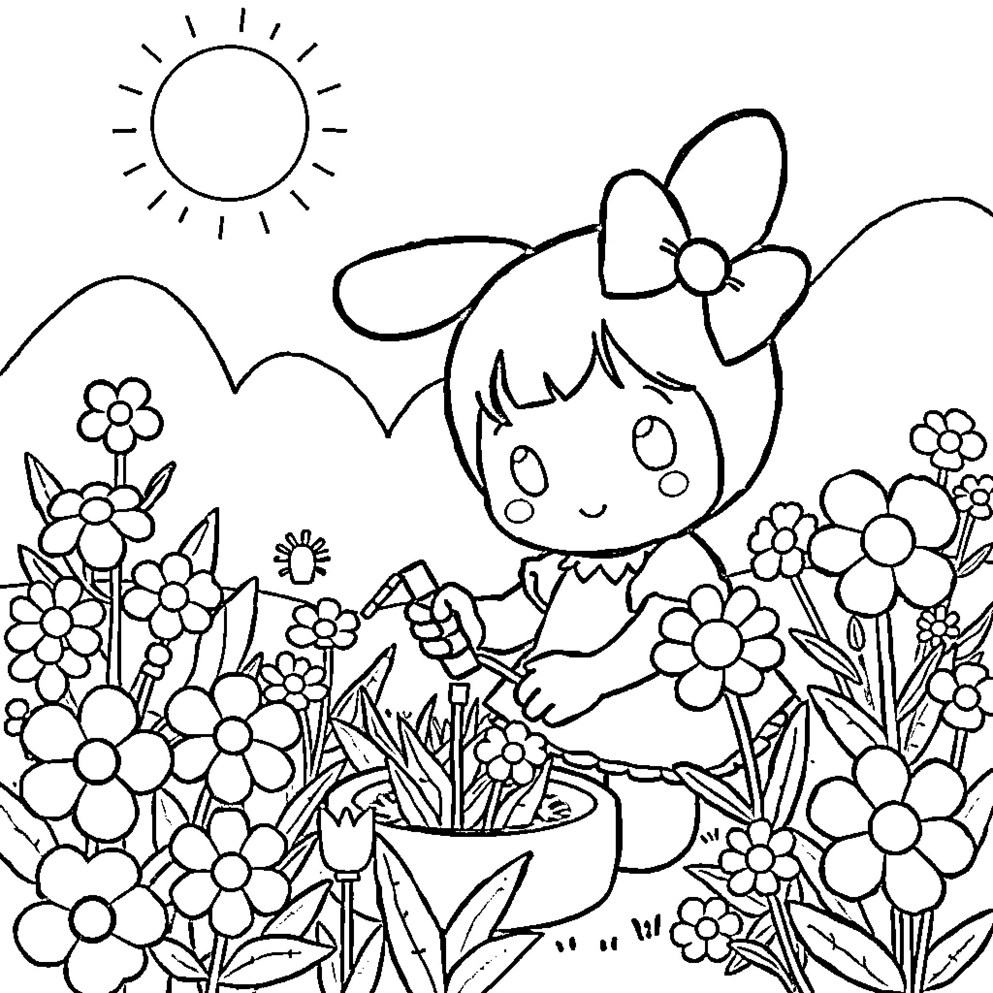 Melody's Floral Adventure Coloring Page (free black-and-white line drawing printable PDF for all, from beginners to advanced learners, including children, teens, adults, and seniors)
