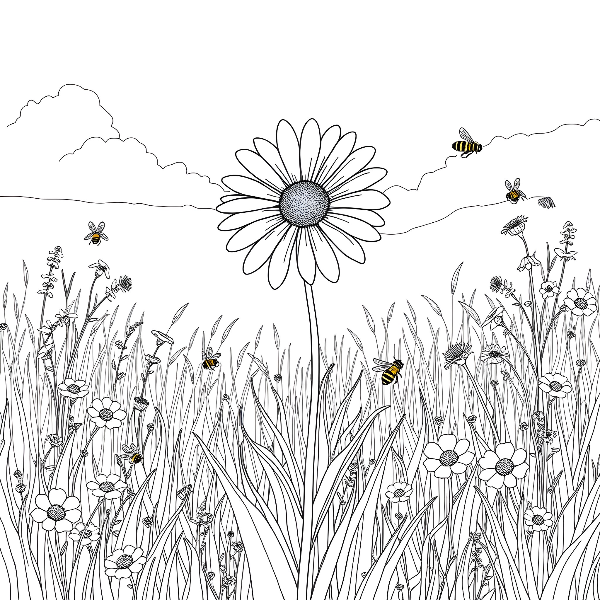 Daisy in a Meadow with Buzzing Bees Coloring Page (free black-and-white line drawing printable PDF for all, from beginners to advanced learners, including children, teens, adults, and seniors)