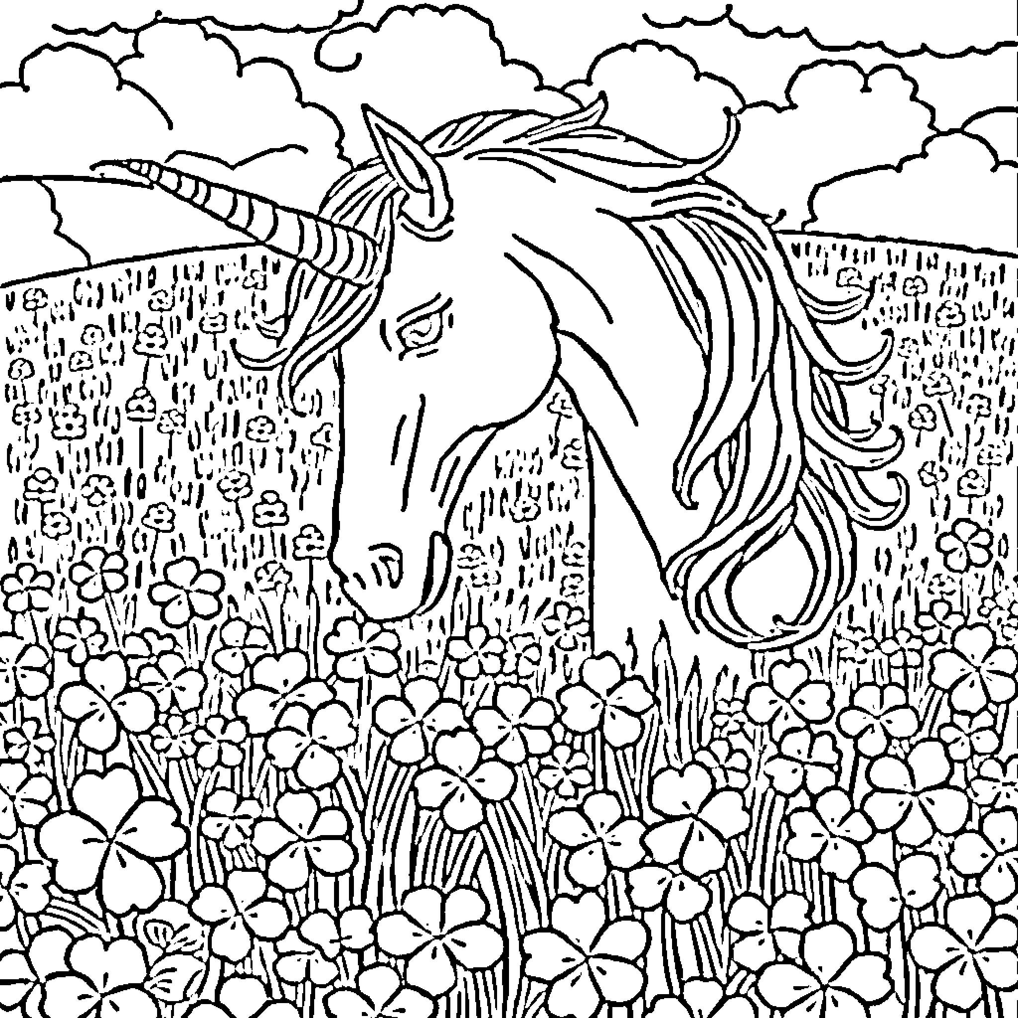 Unicorn running through a field of flowers Coloring Page (free black-and-white line drawing printable PDF for all, from beginners to advanced learners, including children, teens, adults, and seniors)
