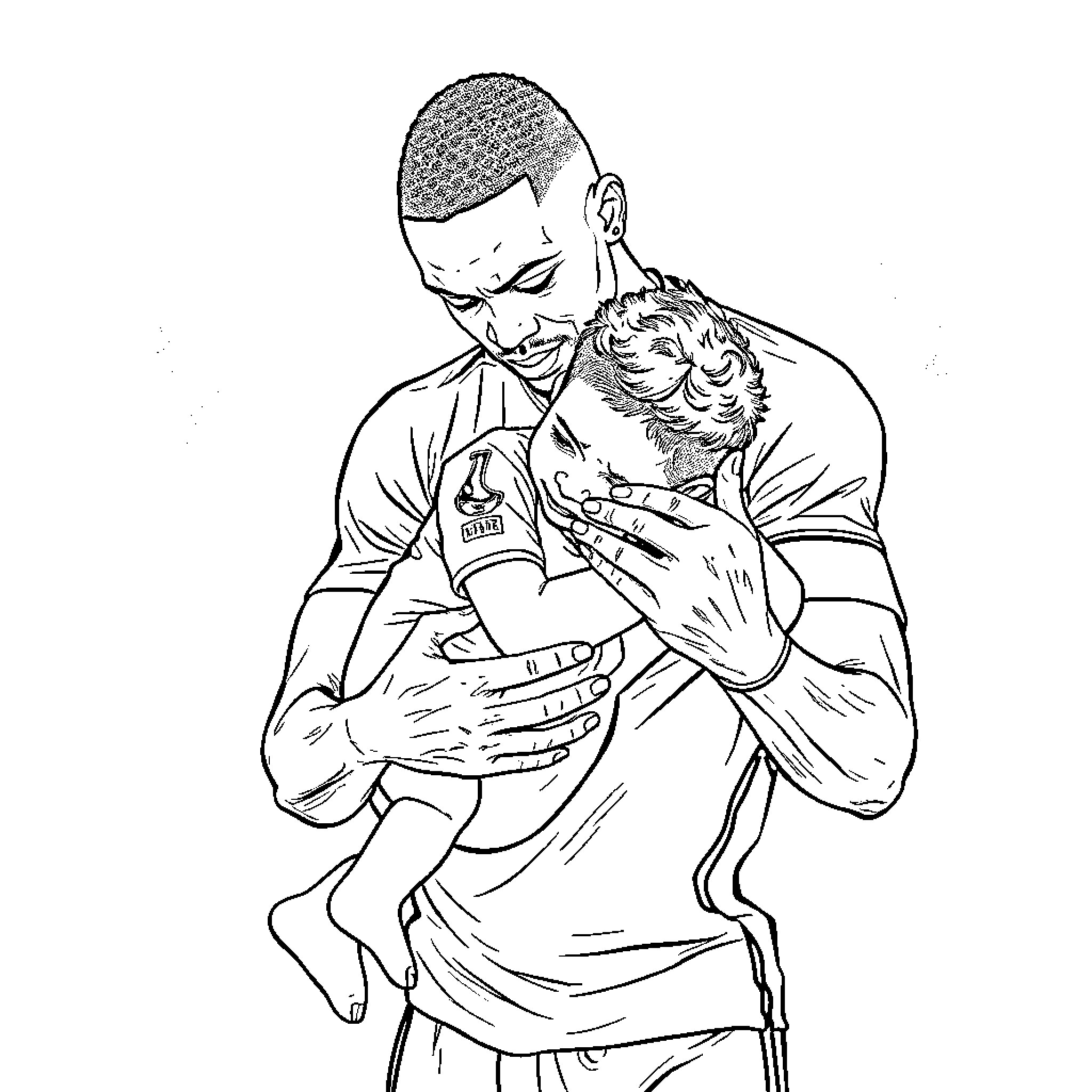 Mbappe carrying young child in his arms Coloring Page (free black-and-white line drawing printable PDF for all, from beginners to advanced learners, including children, teens, adults, and seniors)