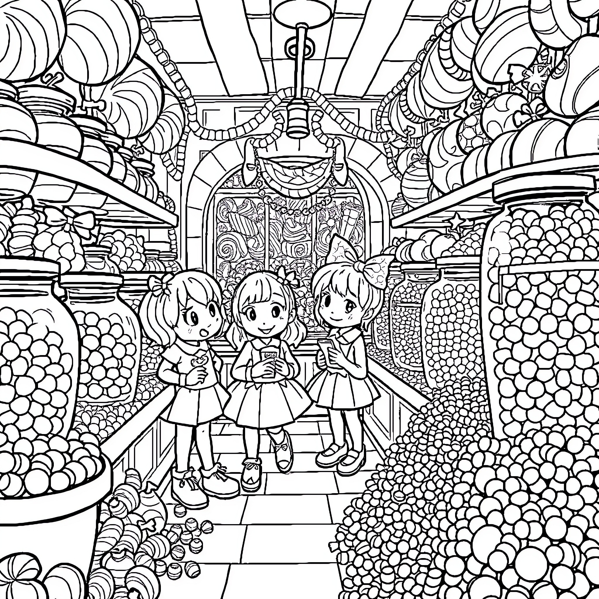 Dandy Trio Exploring a Whimsical Wonderland Coloring Page (free black-and-white line drawing printable PDF for all, from beginners to advanced learners, including children, teens, adults, and seniors)