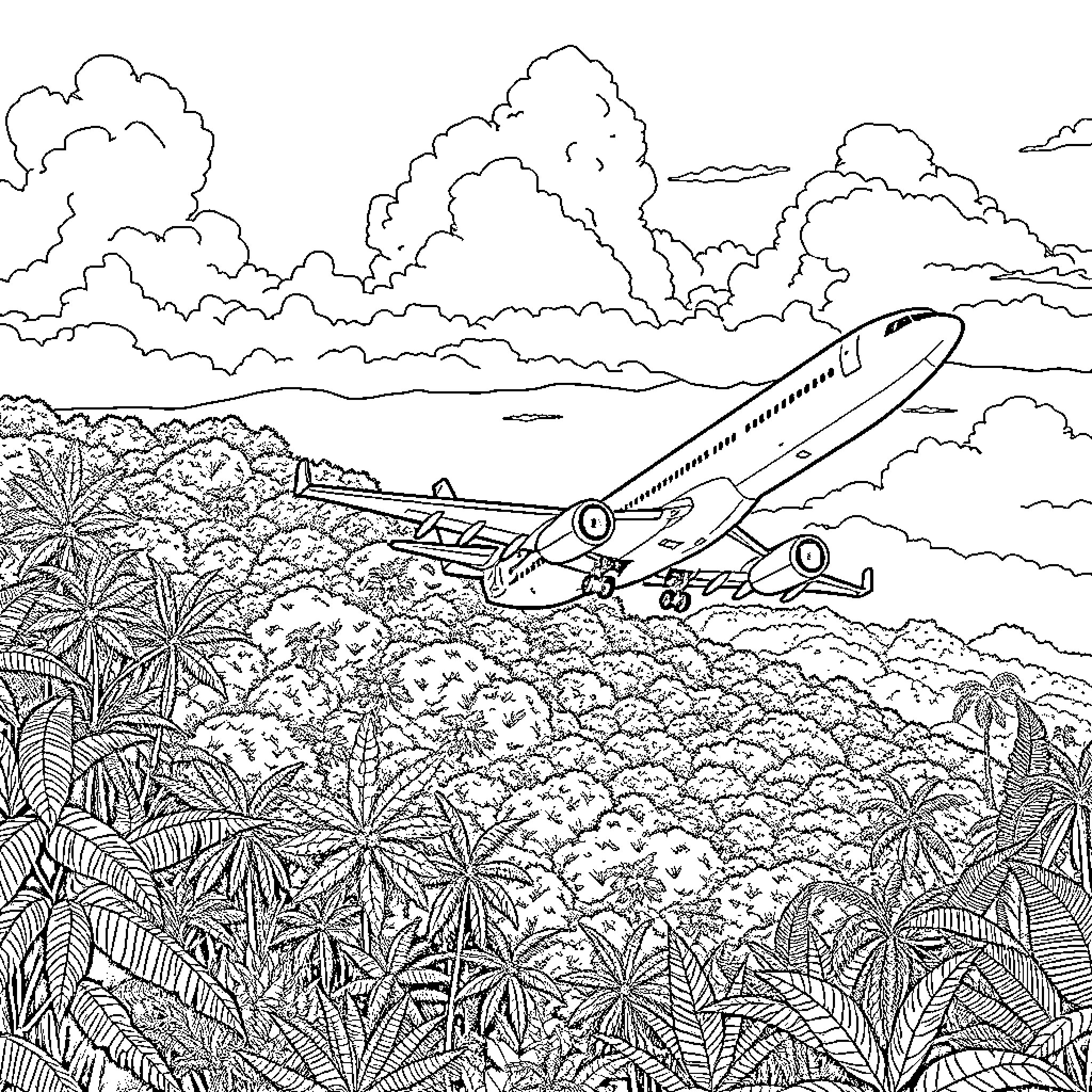Airplane flying over tropical landscape Coloring Page (free black-and-white line drawing printable PDF for all, from beginners to advanced learners, including children, teens, adults, and seniors)