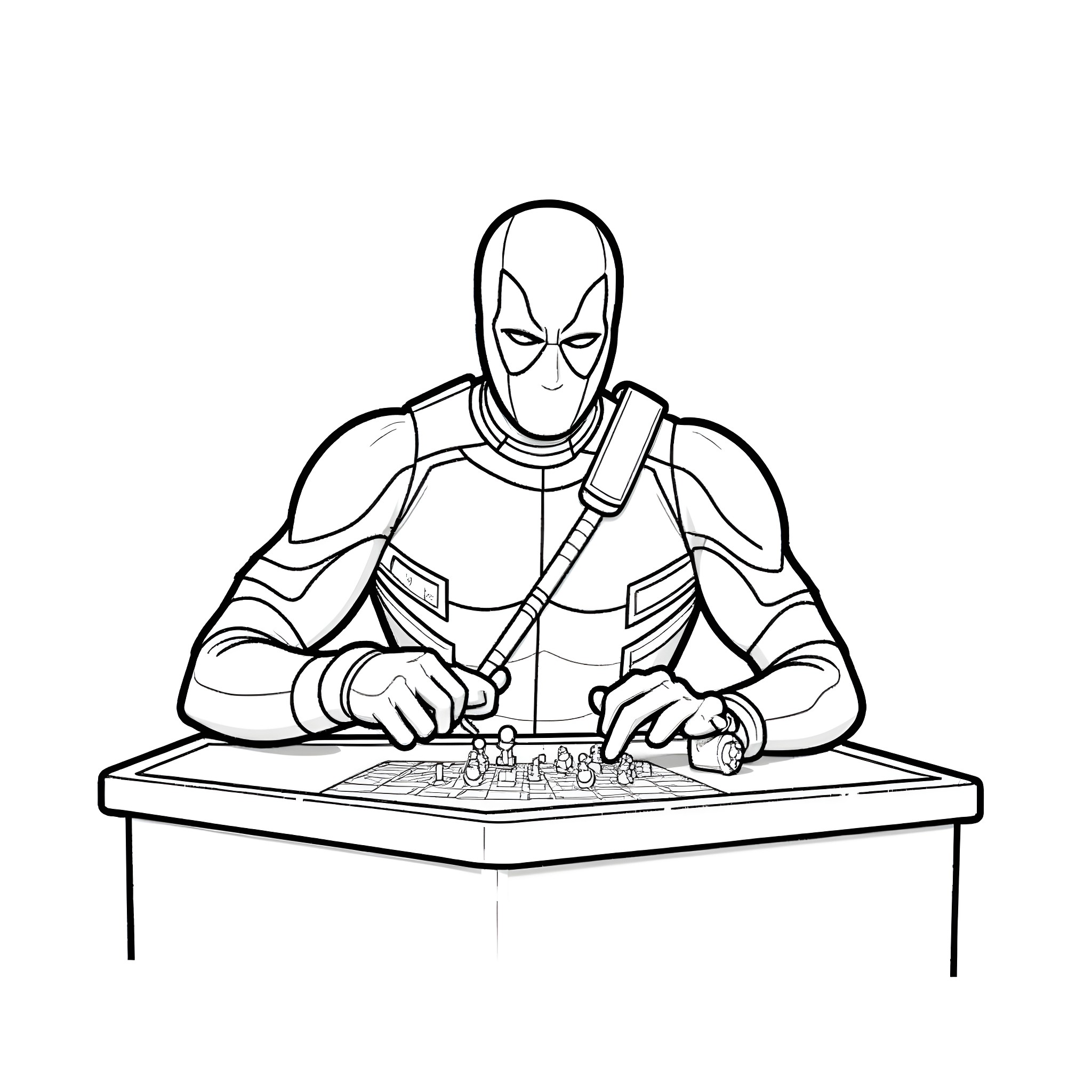 Deadpool working diligently on electronic device Coloring Page (free black-and-white line drawing printable PDF for all, from beginners to advanced learners, including children, teens, adults, and seniors)