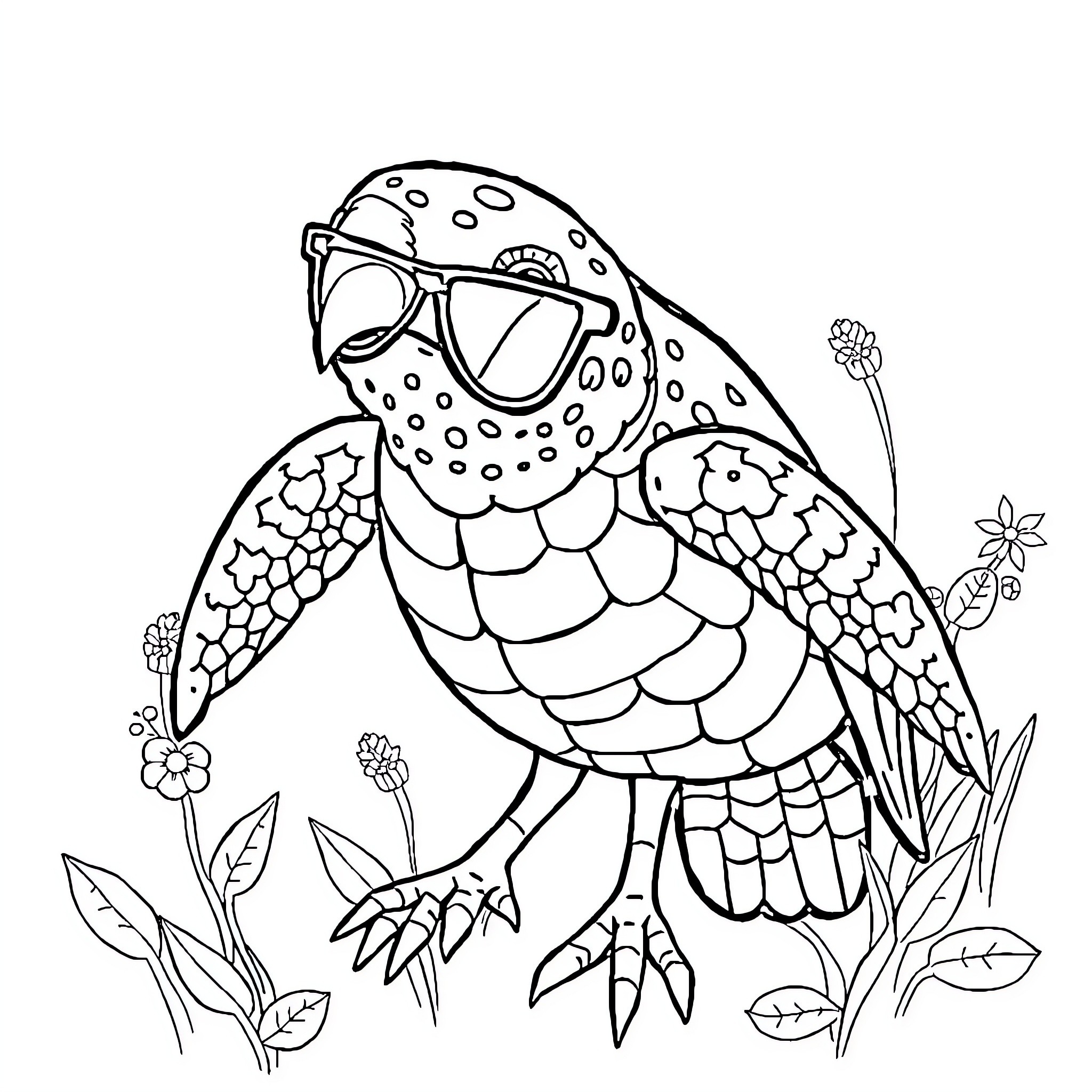 Turtle wearing sunglasses and surrounded by flowers Coloring Page (free black-and-white line drawing printable PDF for all, from beginners to advanced learners, including children, teens, adults, and seniors)