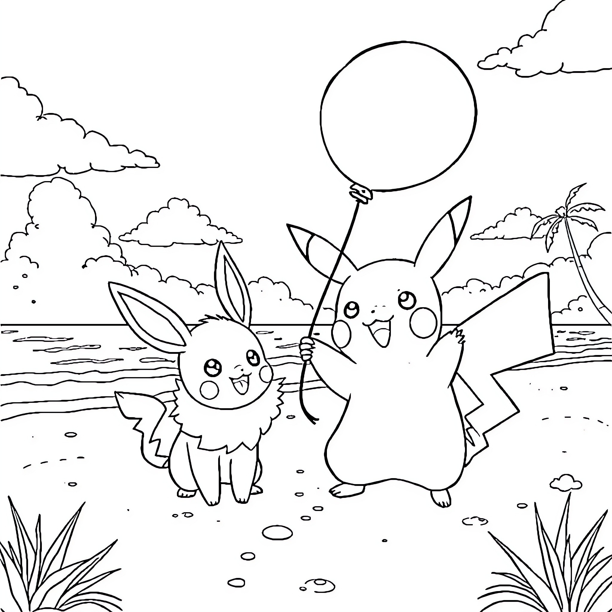 Pikachu and Eevee enjoying a beach day with balloons Coloring Page (free black-and-white line drawing printable PDF for all, from beginners to advanced learners, including children, teens, adults, and seniors)